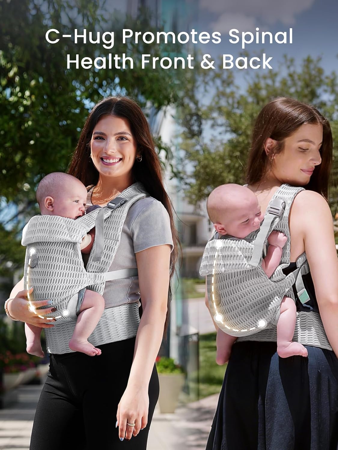 Grownsy Baby Carrier Newborn to Toddler (7-44lbs), Ergonomic & Cozy Wraps with One-Click Buckle, Mesh & Head Support for Hands-Free Comfort, Silver Gray
