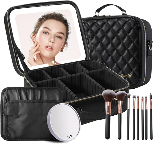 Mocado Travel Makeup Bag with LED Lighted Mirror,Travel Makeup Organizer, Makeup Case with 8 Makeup Brushes and 10x Magnifying Mirror, 3 Color Lighting, Adjustable Divider Makeup Box(Black Lozenge)