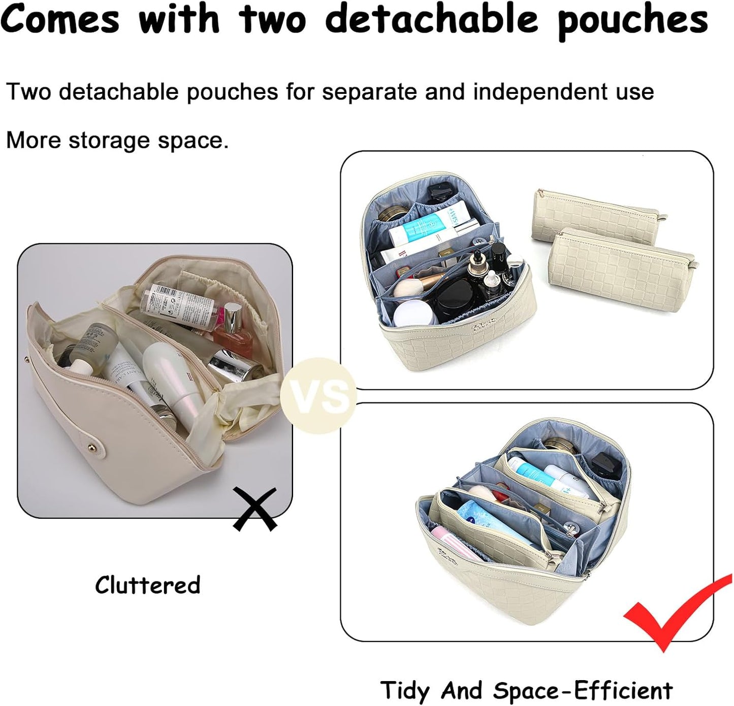 Travel Makeup Bag Organizer Cosmetic Bag: 3 Pcs Set Make up Bags for Women with Handle - Waterproof Vegan Leather Toiletry Bags with Comparments (C-04-Beige)