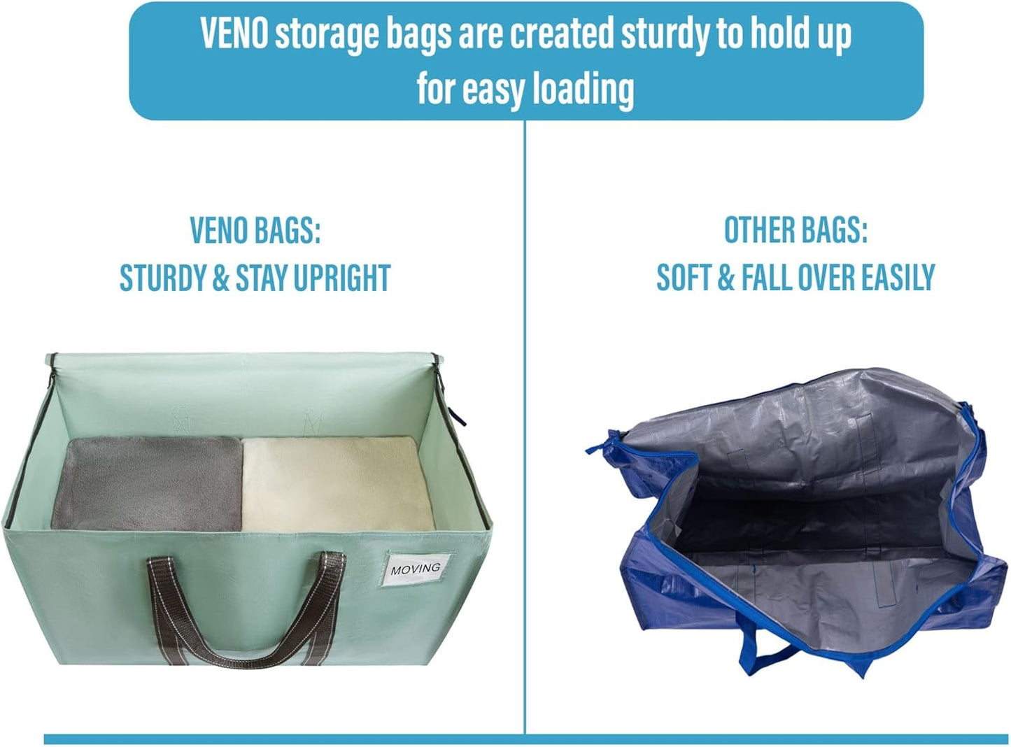 VENO 6 Pack Moving Bags, Heavy Duty, Moving Boxes Alternative, Packing Storage Supplies for Dorm Room Essentials with Zipper for Clothes, Extra Large Totes for Packaging (Shiny Light Green, 6 Pack)