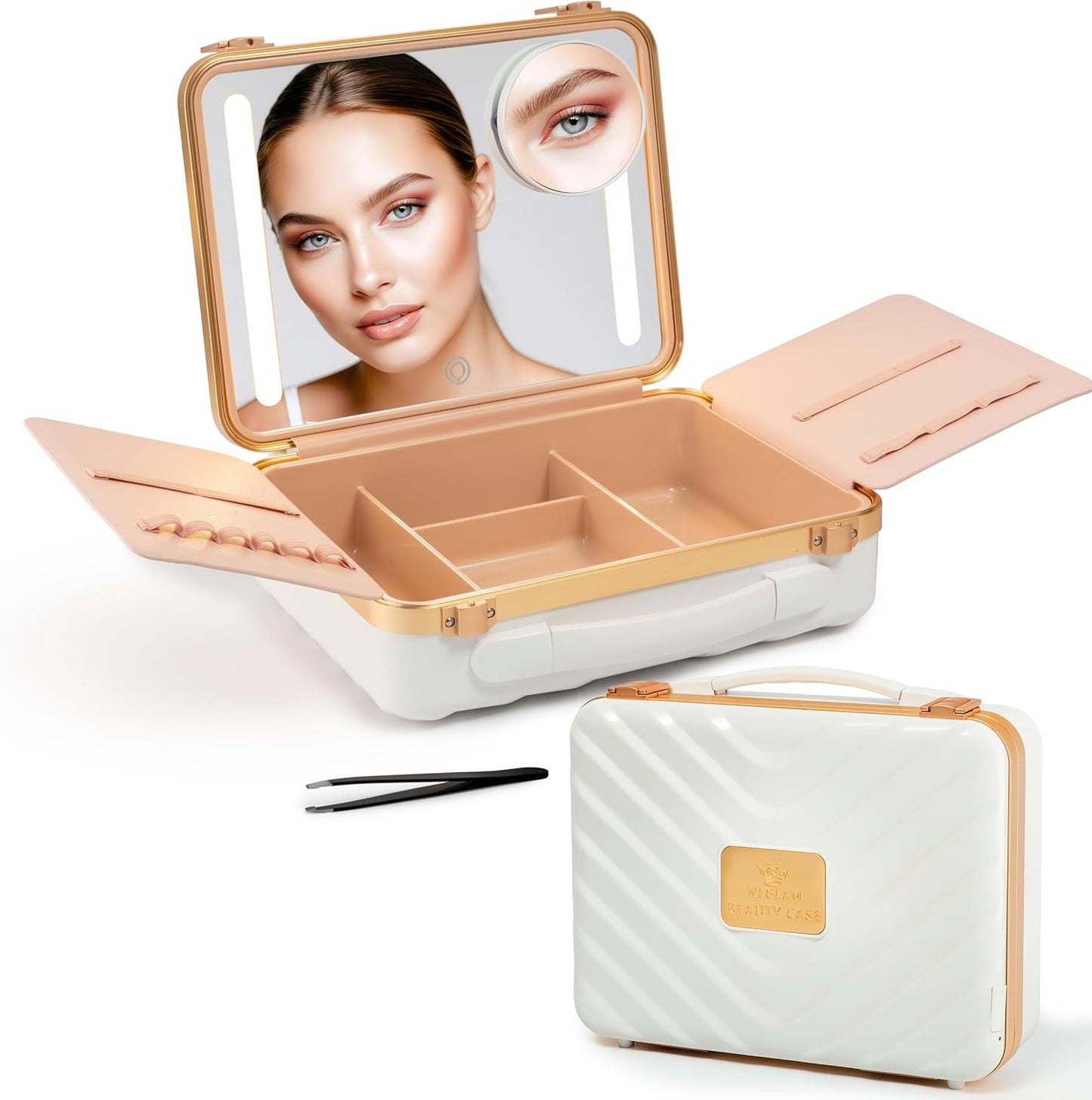 Lighted Makeup Case with Mirror - Portable Travel Makeup Organizer with LED Mirror, 3 Light Settings, Rechargeable Makeup Bag with Mirror and Light - Mini 10x Mirror included