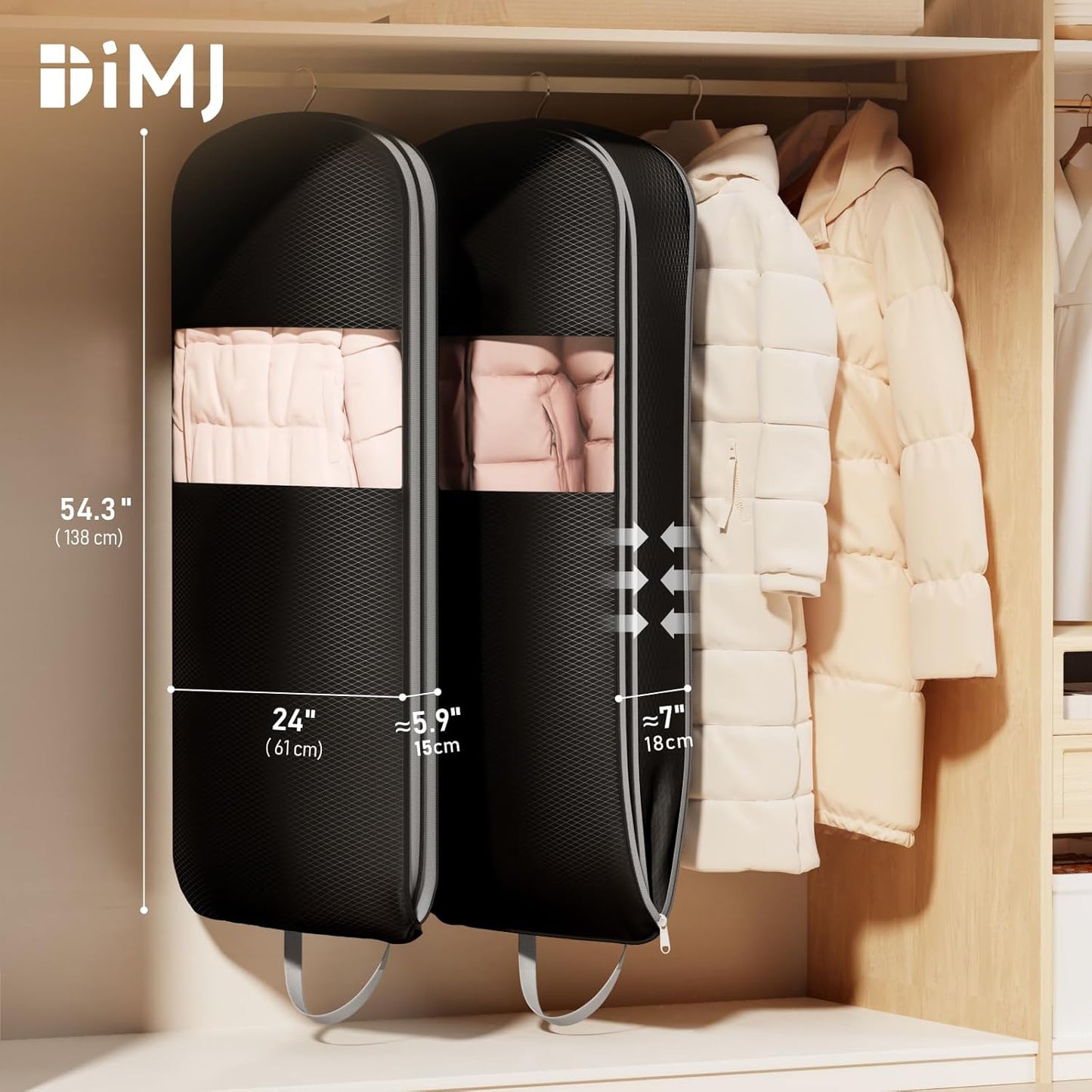 DIMJ 4 Pack 54" Garment Bags for Hanging Clothes - Space Saving Compression Suit Bag Travel with Handles Window, Washable Carry Clothing Storage Cover for Dress, Coats, Down Jacket, Shirts