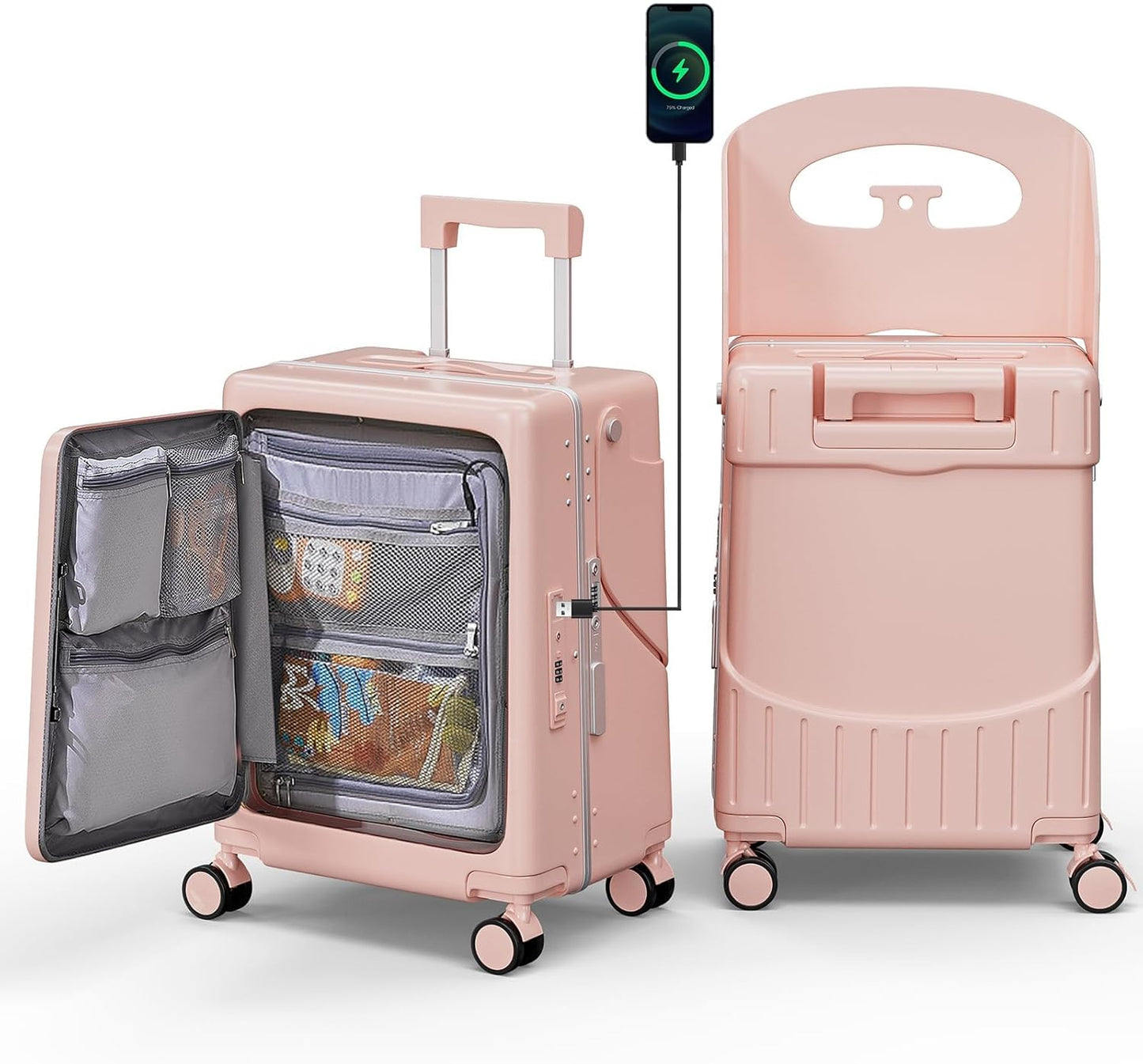 20" Hardshell Carry On Suitcase with Seat for Kids & Adults,Travel Luggage with Front Pocket & 4 Lockable Spinner Wheels, TSA Lock, USB Port, Luggage Cover, Safty Seatbelt