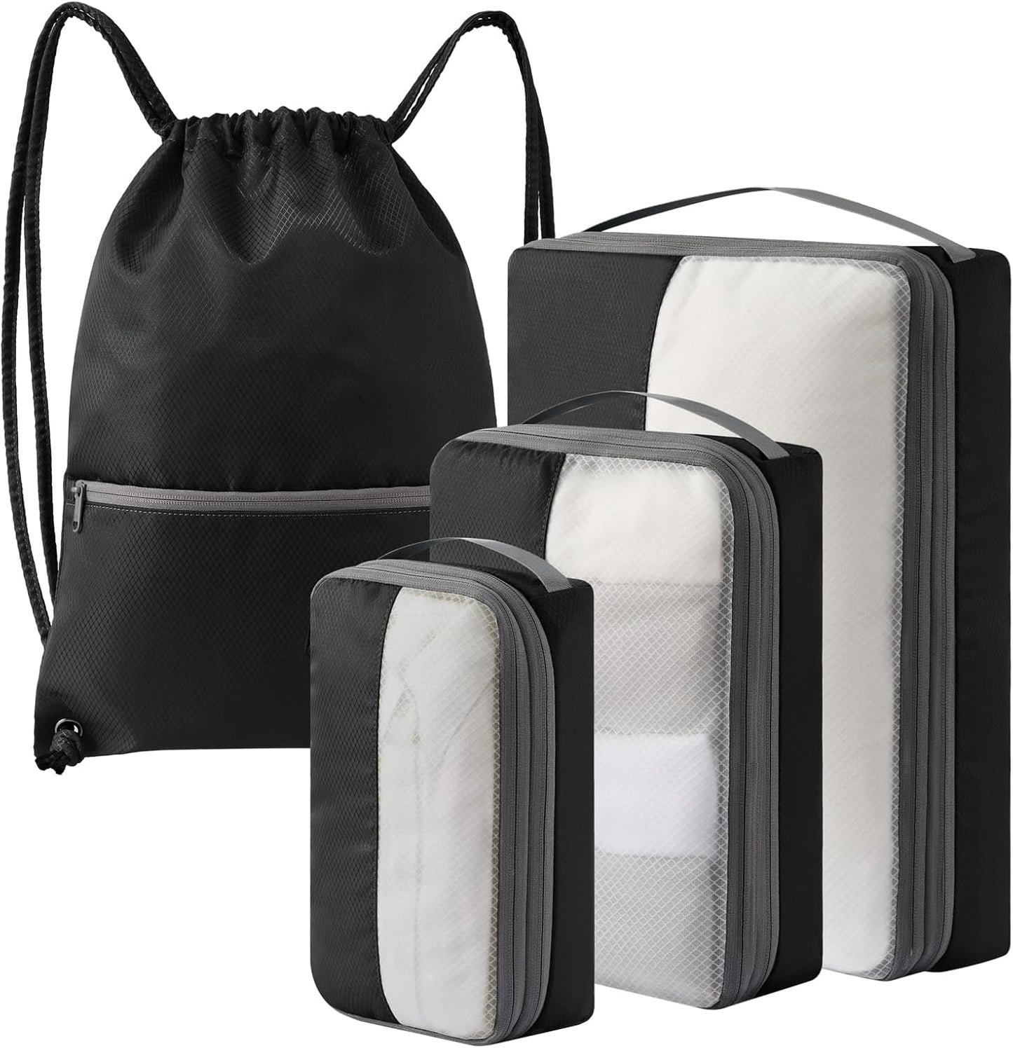 4 Set Compression Packing Cubes for Travel, Bonus Versatile Drawstring Backpack, Lightweight Luggage Organizer Bags, Sturdy Travel Accessories for Suitcase, Black