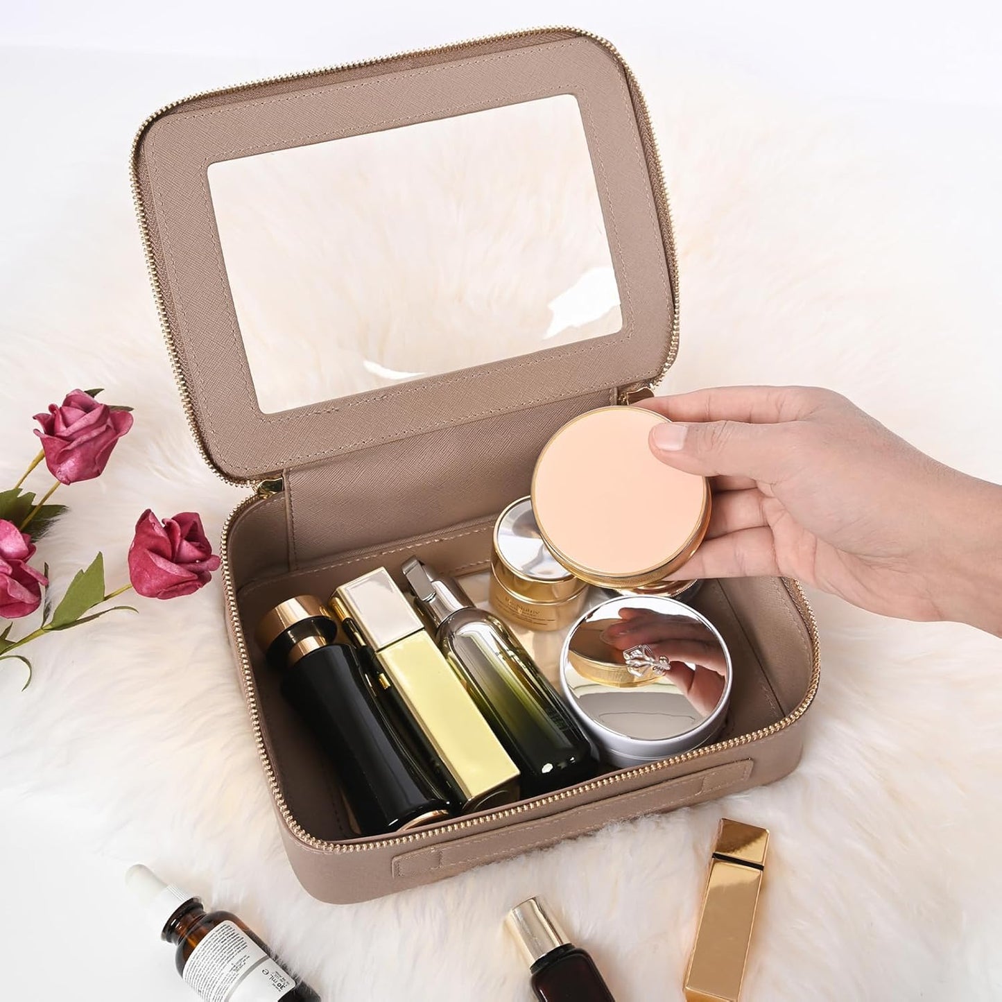 Aveniee Clear Makeup Bag Organizer,Large Travel Toiletry Bag for Women, Waterproof Cosmetic Pouch with Zippers,Car Organizers and Storage,Taupe