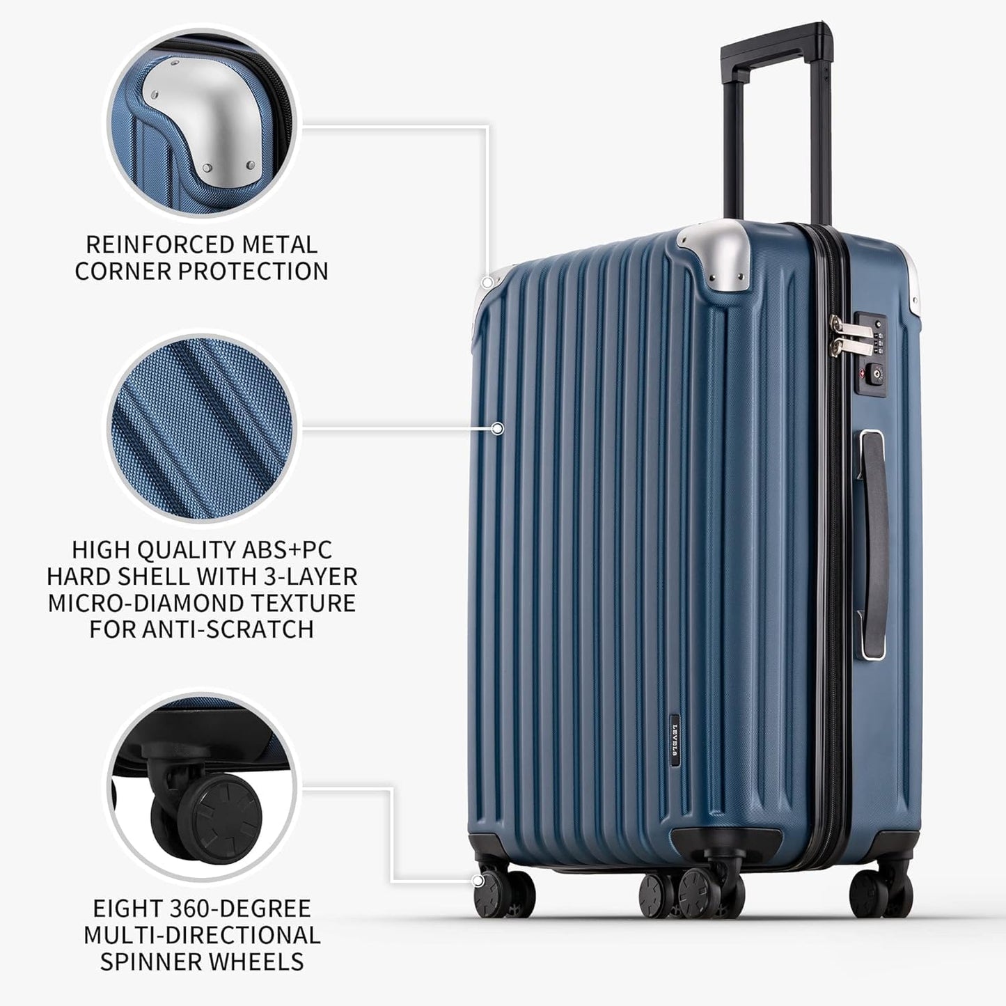 LEVEL8 Grace Luggage, 28 Inch Hardside Suitcase, Abs+Pc Harshell Spinner Luggage with Tsa Lock, Spinner Wheels, Blue, 28 Inch