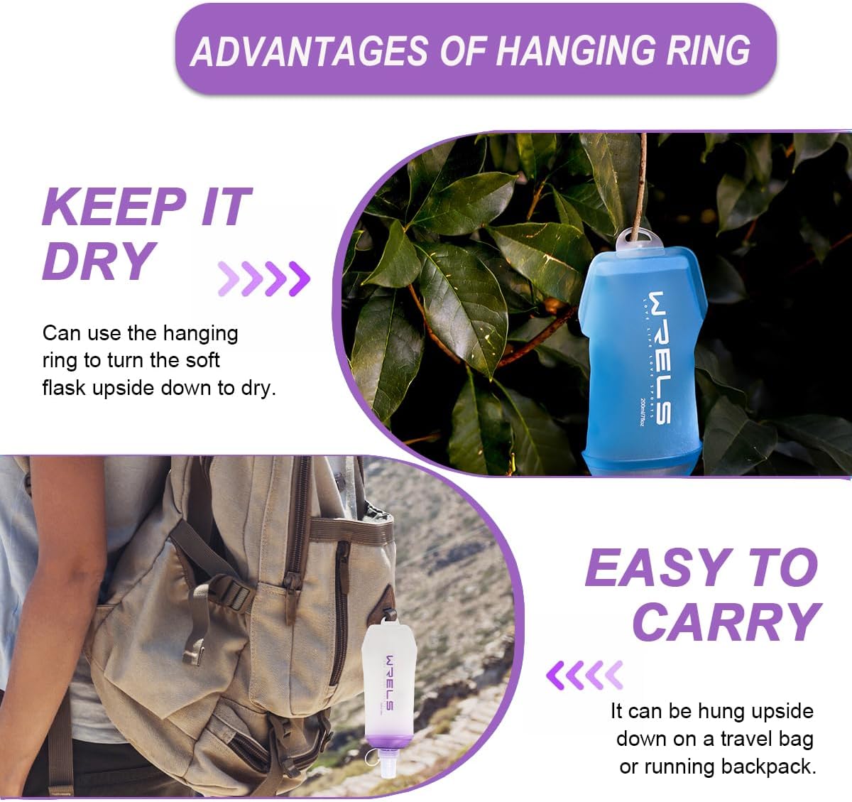 200ml/350ml/500ml Collapsible Soft Flask,BPA Free Folding Soft Water Bottle with Hanging Ring,Lightweight TPU Hydration Flask for Running Marathon Cycling Hiking(350ml-2 Packs)
