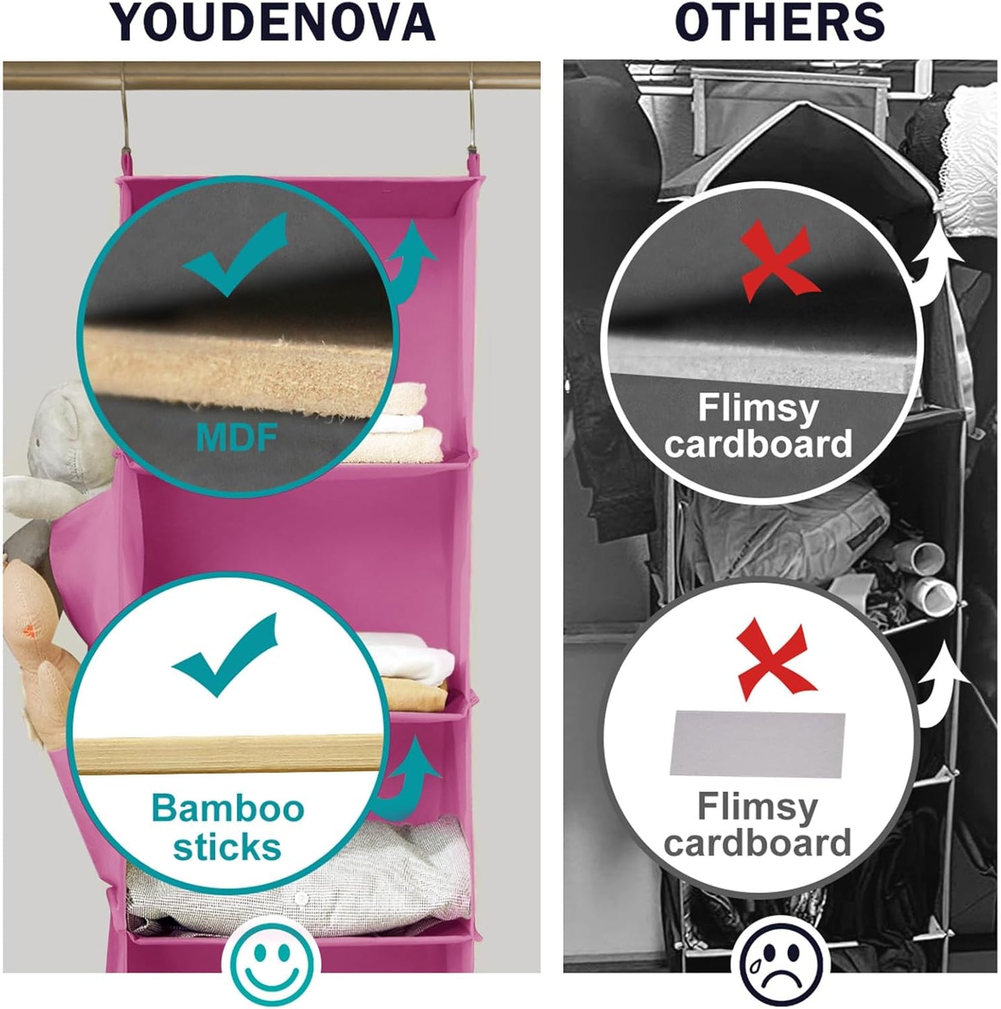 YOUDENOVA Hanging Closet Organizer, 3-Shelf Closet Hanging Storage Shelves, Light Pink