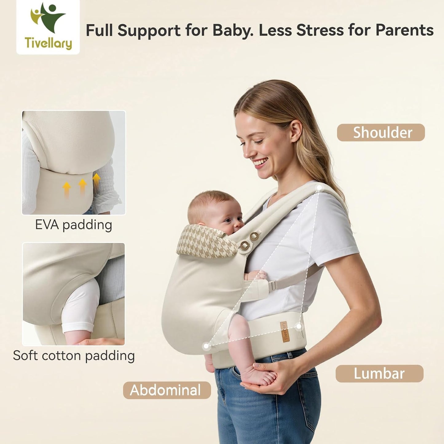 Reversible Baby Carrier, Khaki Solid & Houndstooth; Lightweight & Breathable Lyocell Fabric; Ergonomic Lumbar Support and Quick Hands-Free Wear for Newborn to Toddler (7–44 lbs)