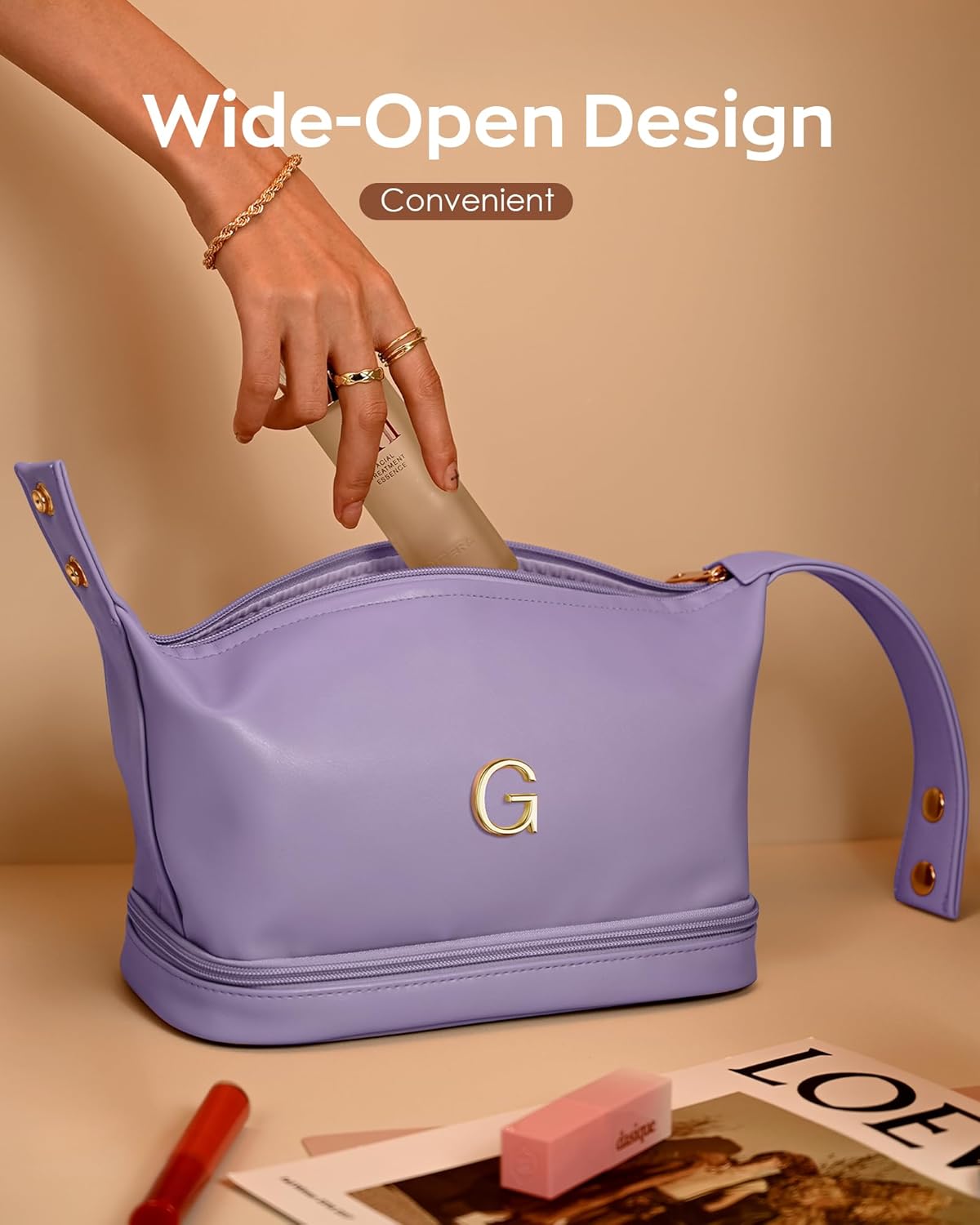 Personalized Gifts, Makeup Bags with Handle, Waterproof Double Layer Cosmetic Bag, Large Capacity PU Leather Makeup Bags Letter Travel Toiletry Bag, Birthday Gifts for Girls