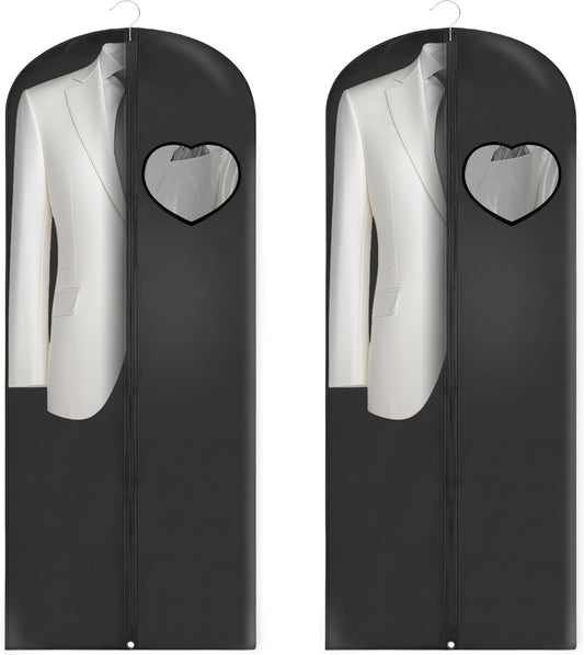 Dress Bags for Gowns Long, 65'' Garment Bags for Hanging Clothes, Suit Bag Cover for Storage and Travel, with Clear Heart Window, 2 Pack (Black)