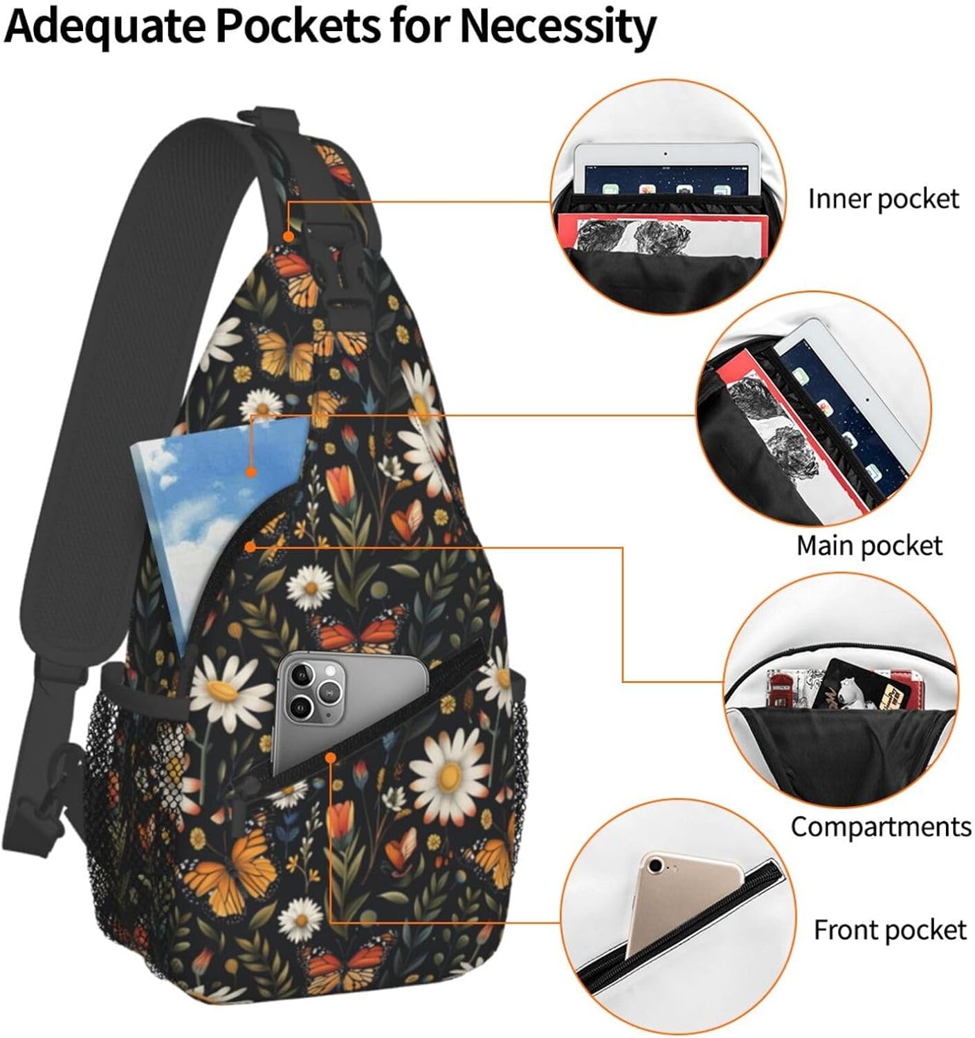 SUPLUCHOM Sling Bag Vintage Butterfly Daisy Leaf Hiking Daypack Crossbody Shoulder Backpack Travel Chest Pack for Men Women