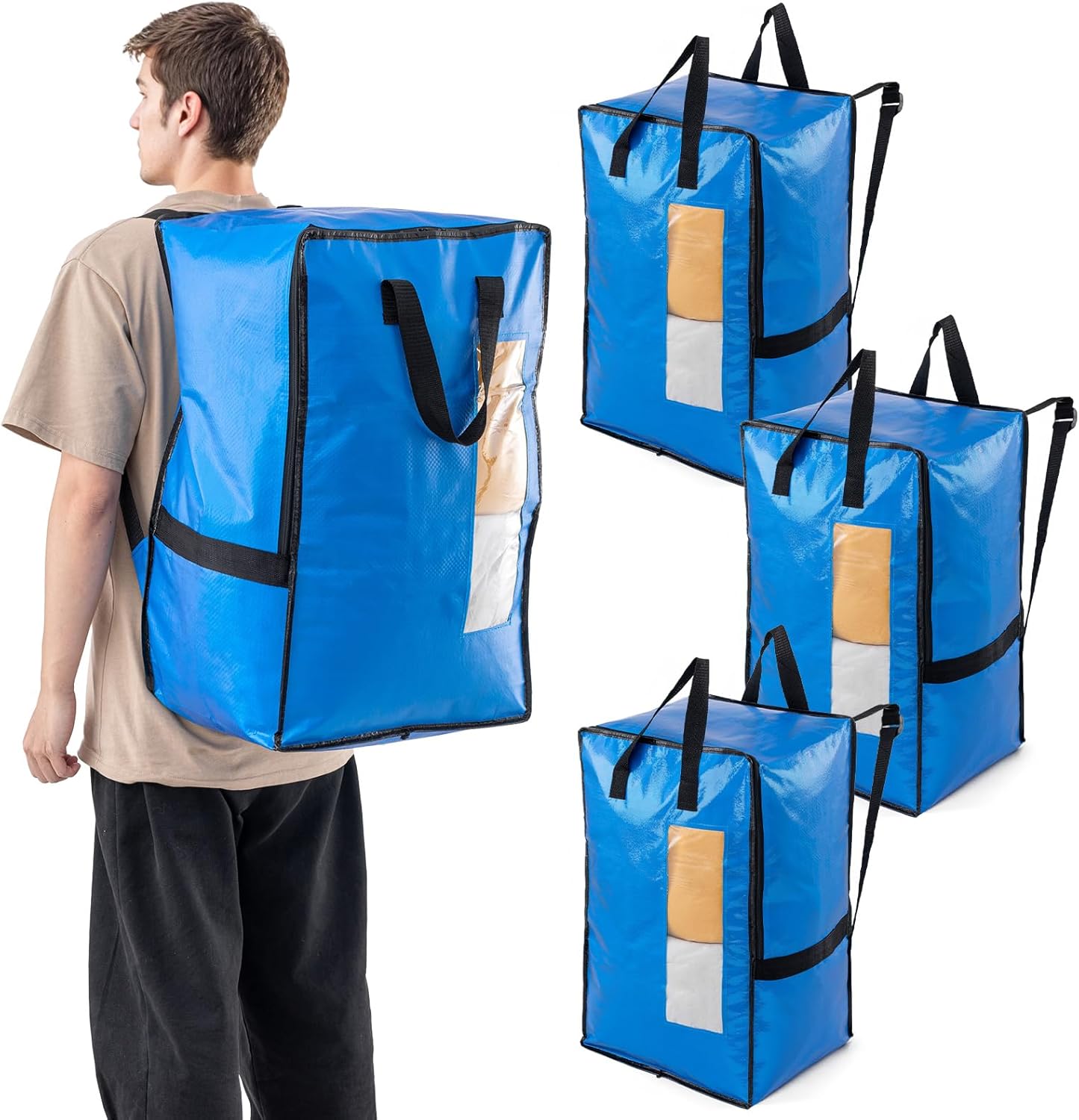 TAILI 4 Pack Blue Moving Bags w/Adjustable Backpack Straps, Moving Supplies, Moving Boxes Alternative, Heavy Duty Storage Totes for College Packing, Camping Backpack for Travel, Dorm, Laundry