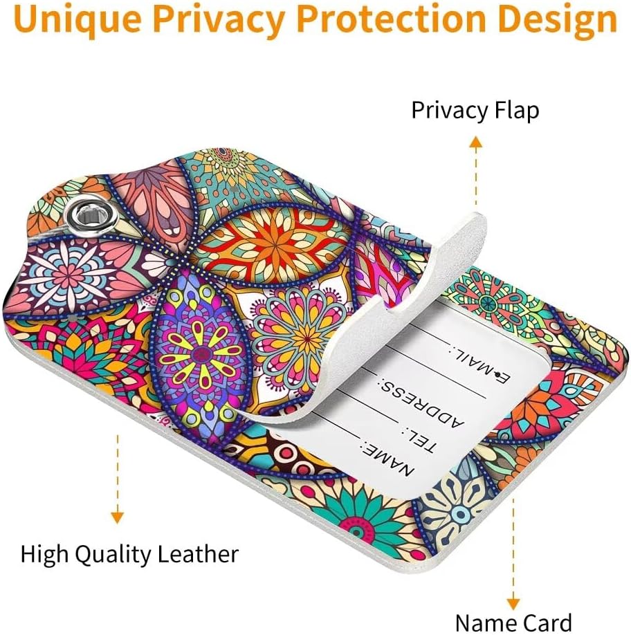 2 Pack Luggage Tag for Suitcase, Cute Unique Leather Bag Tags Identifiers Privacy Cover ID Label with Durable Steel Loop for Women Men Kids Girls Travel, Bohemia