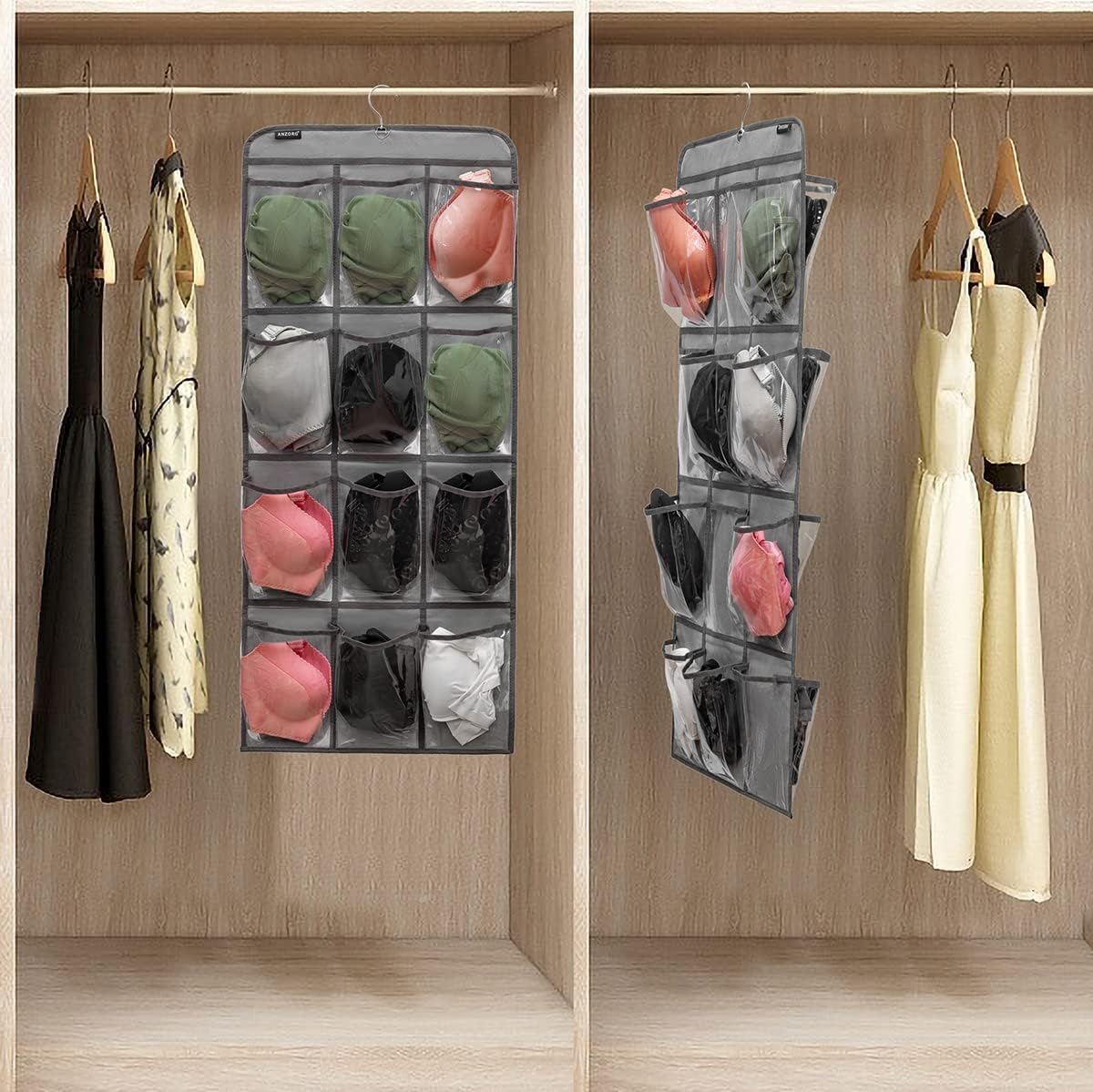 Dual Sided Hanging Shoe Organizer for Closet with Rotating Hanger Hanging Shoe Rack Holder with 24 Large Pockets (GREY-Clear Pockets)