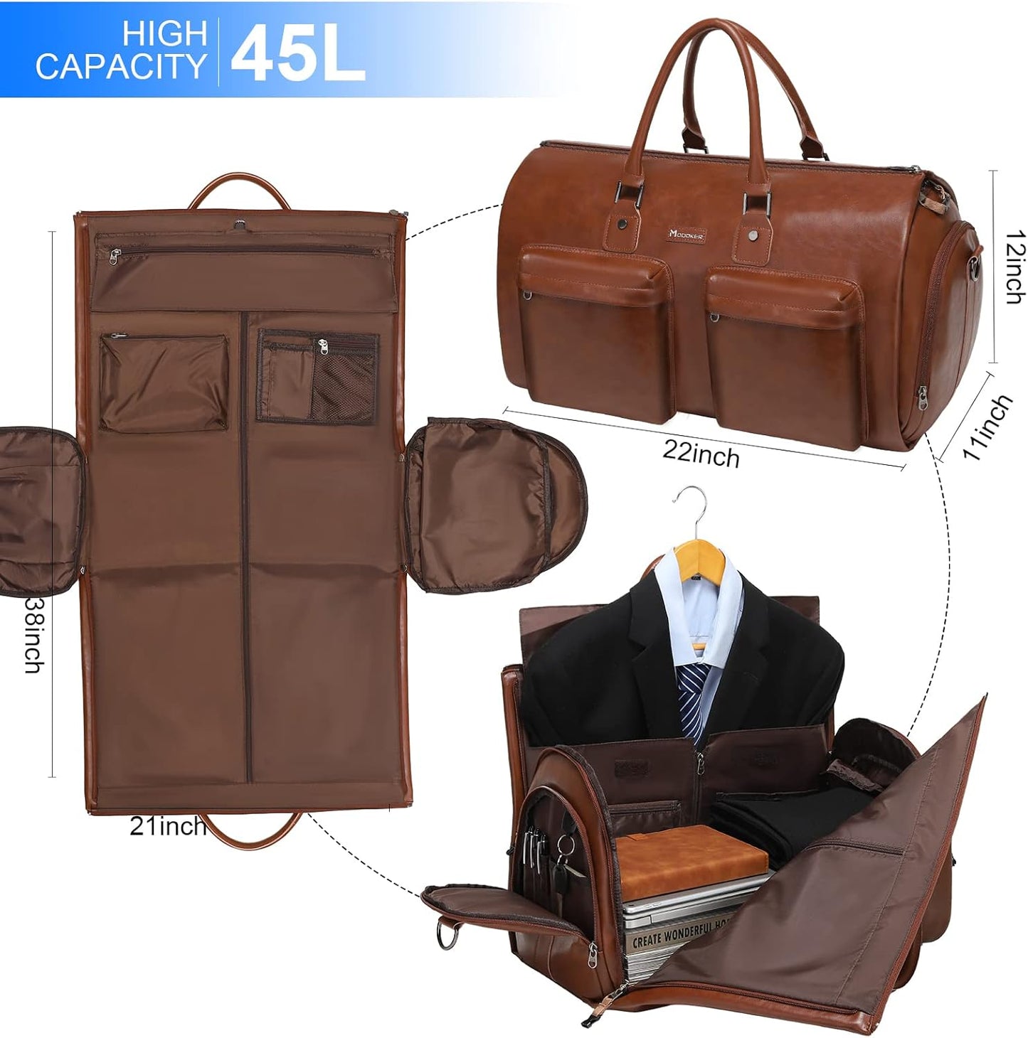 Leather Garment Bag for Travel, Modoker Carry On Suit Carrier Travel Bag with Shoulder Strap/Multiple Pockets - Ideal for Business Trips & Weekend Getaways - The Garment Duffel Bag for Traveling Men