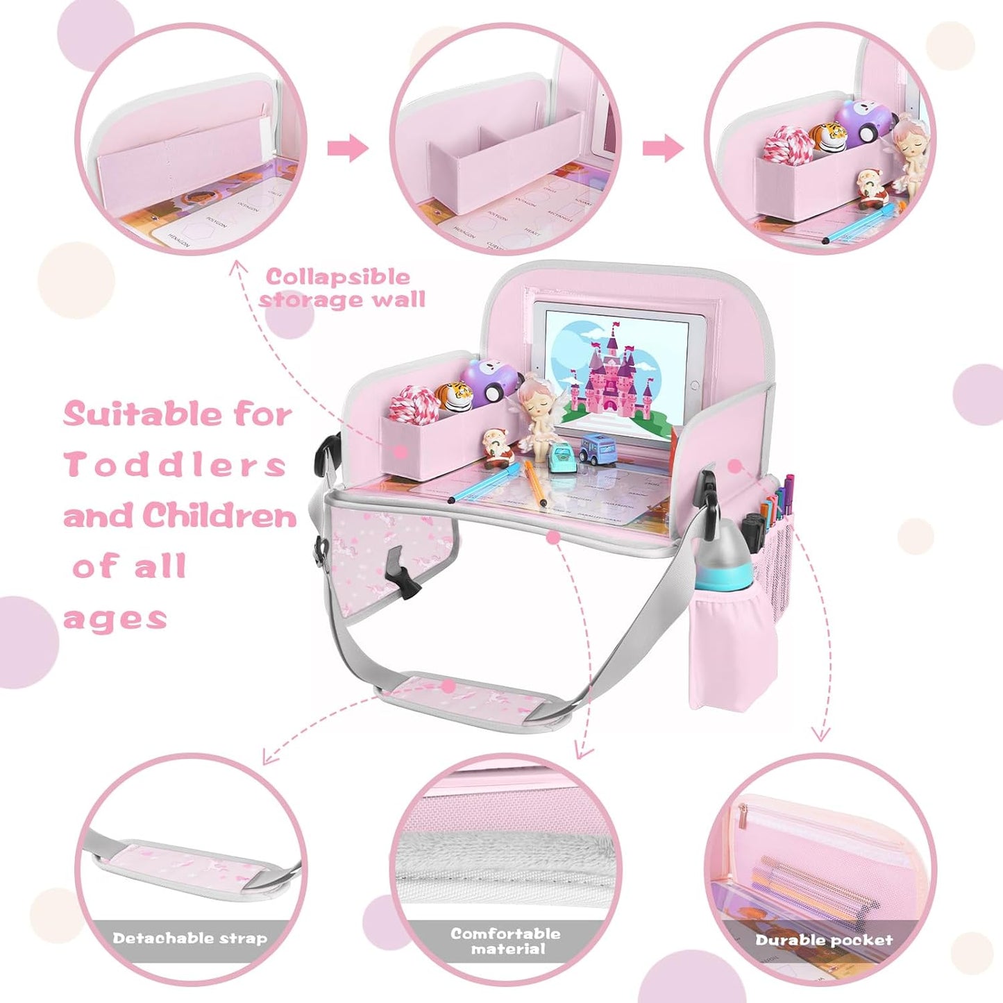 MENZOKE Kids Travel Tray, Car Seat Tray for Long Road Trips & Airplane Rides, with Cooler Cup Holder, Educational Dry Erase Board & Tablet Holder, Cute Unicorn Print, Light Purple