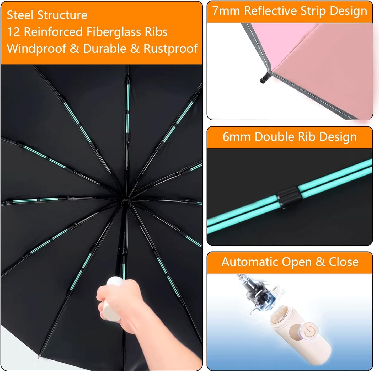 Large Double-Ribs Umbrella Automatic Folding Umbrella for Women Men, Travel, UPF 50+ UV Protection