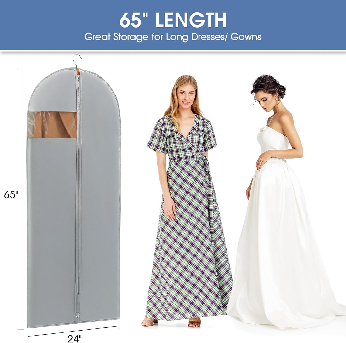 Dress Bags for Gowns, 65'' Long Garment Bags for Hanging Clothes, Dress Garment Bag, Grey Dress Cover with Clear Window for Dresses, Coats, Uniforms - 5 Pack