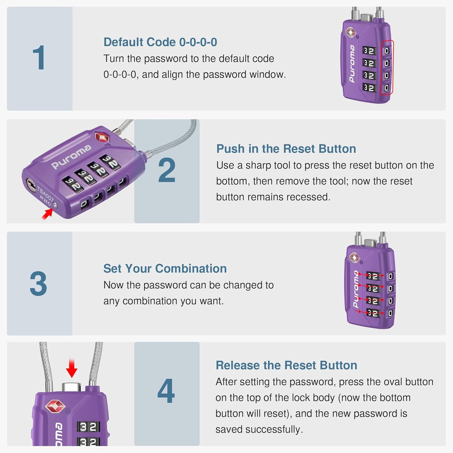 Puroma 2 Pack TSA Approved Luggage Locks, 4 Digit Combination Travel Locks Resettable Code Lock with Zinc Alloy Body for Suitcase, Toolbox, Backpack, Bag, Gym Locker (Purple)