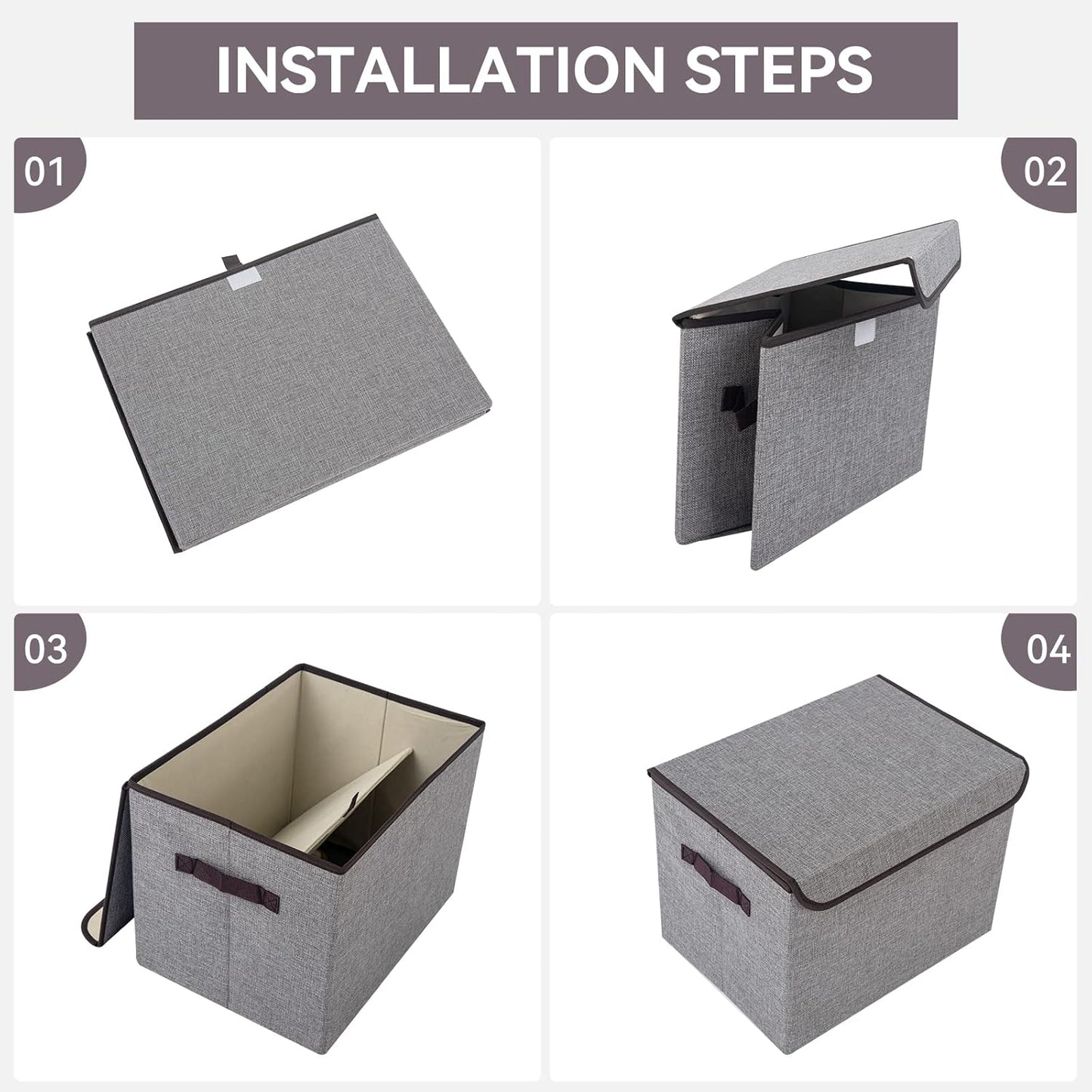 Large 17" 42 Quarts Collapsible Stackable Storage Bins with Lids [3-Pack] Foldable Fabric Linen Storage Boxes Cube, Closet Organizer Baskets with Label for Home (16.7 x 12 x 12, Gray)