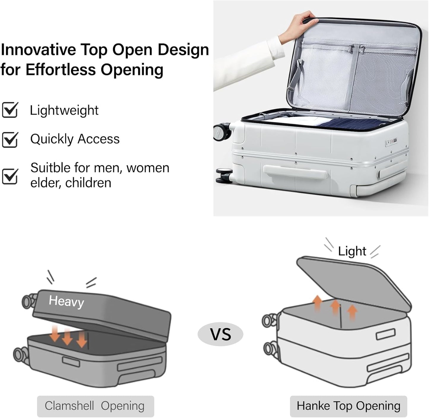 Hanke Top Opening Carry On Luggage, 20 Inch Zipperless Aluminum Frame Wide Handle Luggage, All-PC Hard Shell Trunk Suitcase with Spinner Wheels, TSA Airline Approved (Smoke White, 40L)