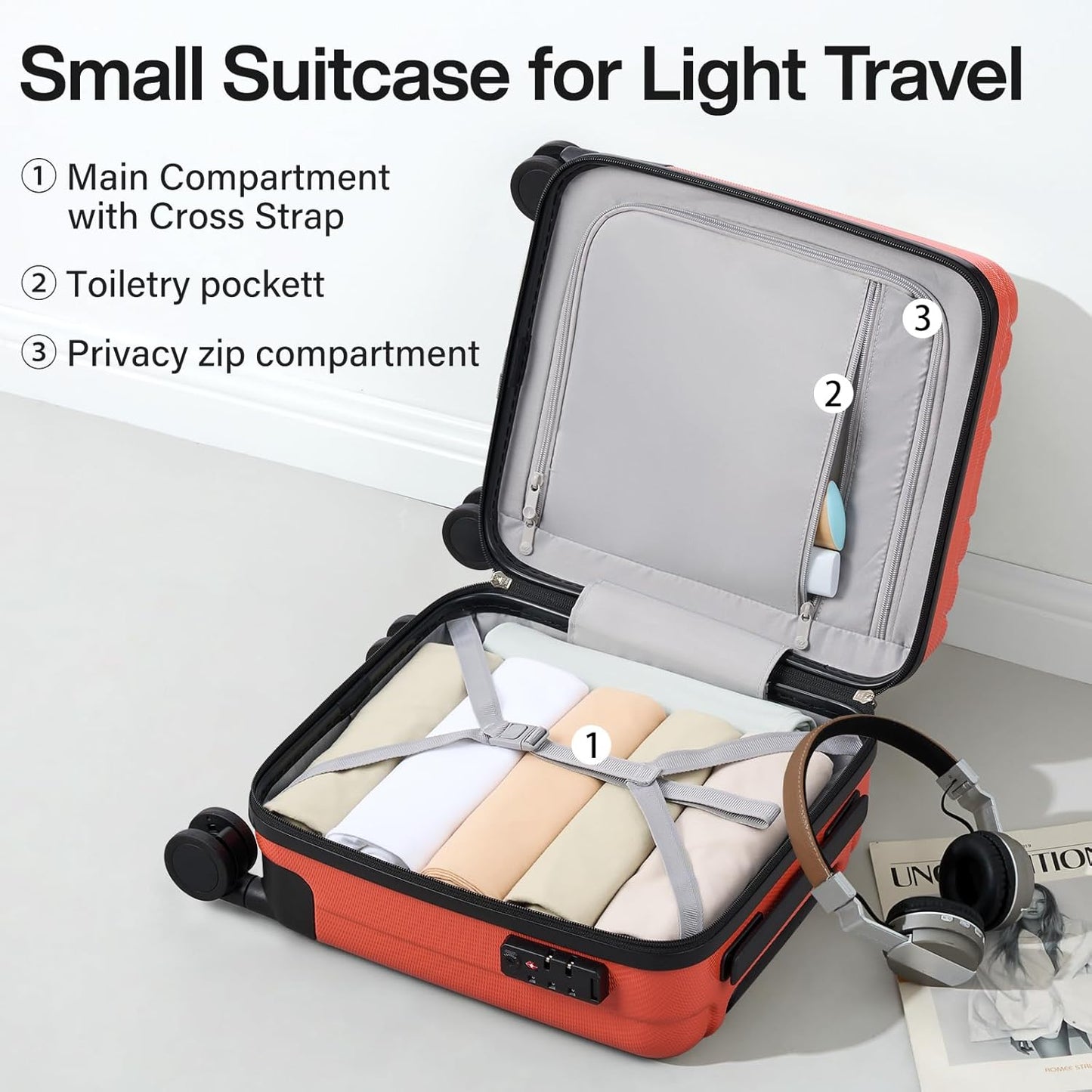 Hanke 14 Inch Underseat Carry On Luggage with Wheels Hard Shell Suitcases Lightweight Small Luggage for Weekender Mini Suitcase Carry On Bag Travel Luggage for Travel Rolling Suitcase.(Orange)