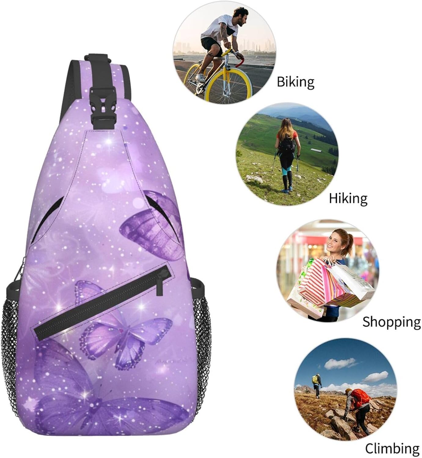 SUPLUCHOM Sling Bag Butterfly Purple Pastel Hiking Daypack Crossbody Shoulder Backpack Travel Chest Pack for Men Women