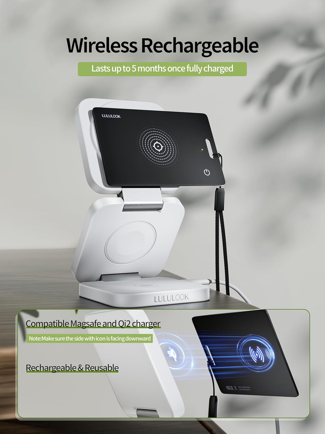 LULULOOK Wallet Tracker Card, Ultra Slim Airtag Wallet Works with Apple Find My (iOS Only), Wireless Rechargeable GPS Smartcard Tracker for Luggage, Tags, Passport, Purse, IP68 Waterproof, 1 Pack