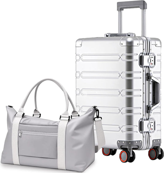 WEICHEN All Aluminum Magnesium 24 Inch Luggage with Spinner Wheels & Duffle-Travel Bag, Hard Case Aluminum Luggage Suitcase with Spinner Wheels and TSA Lock