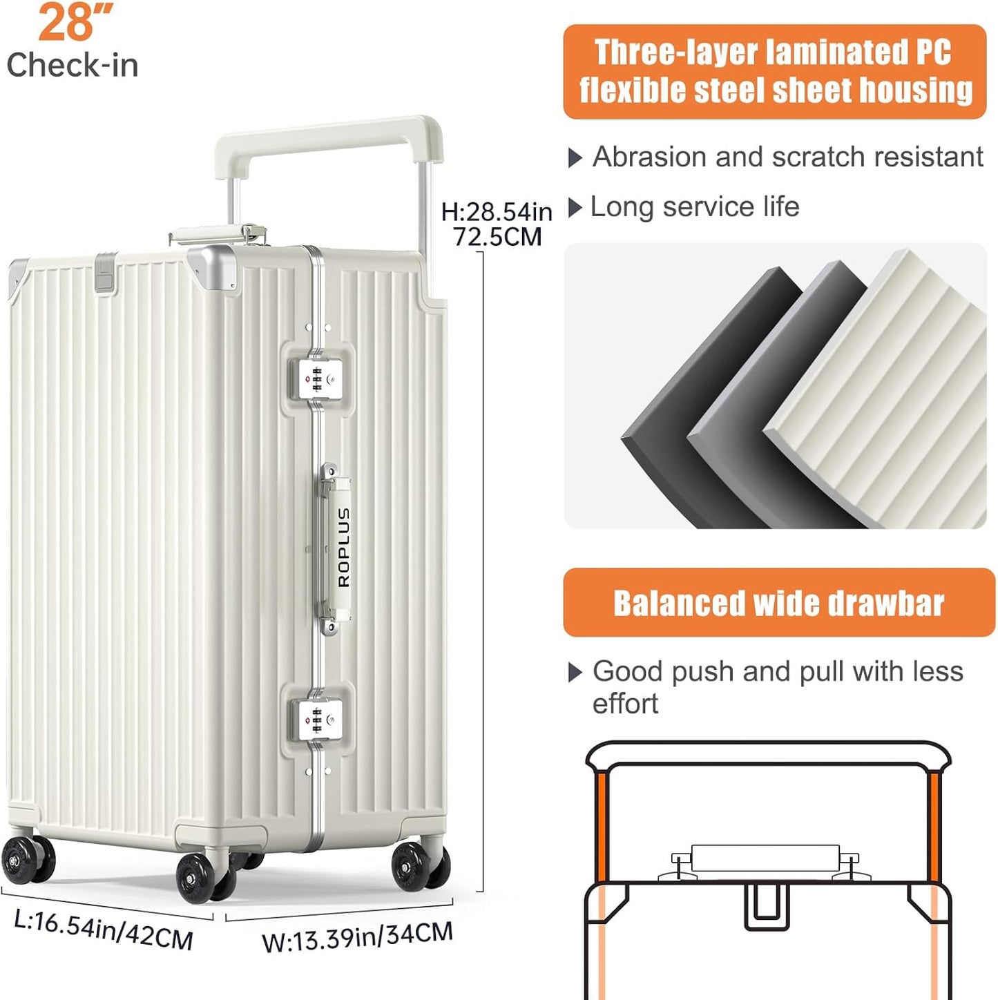 Aluminium Frame Checked-Luggage with Smooth Jelly Wheels, Hardside Zipperless Rolling Suitcase with TSA Lock (Pure White, 28-Inch)