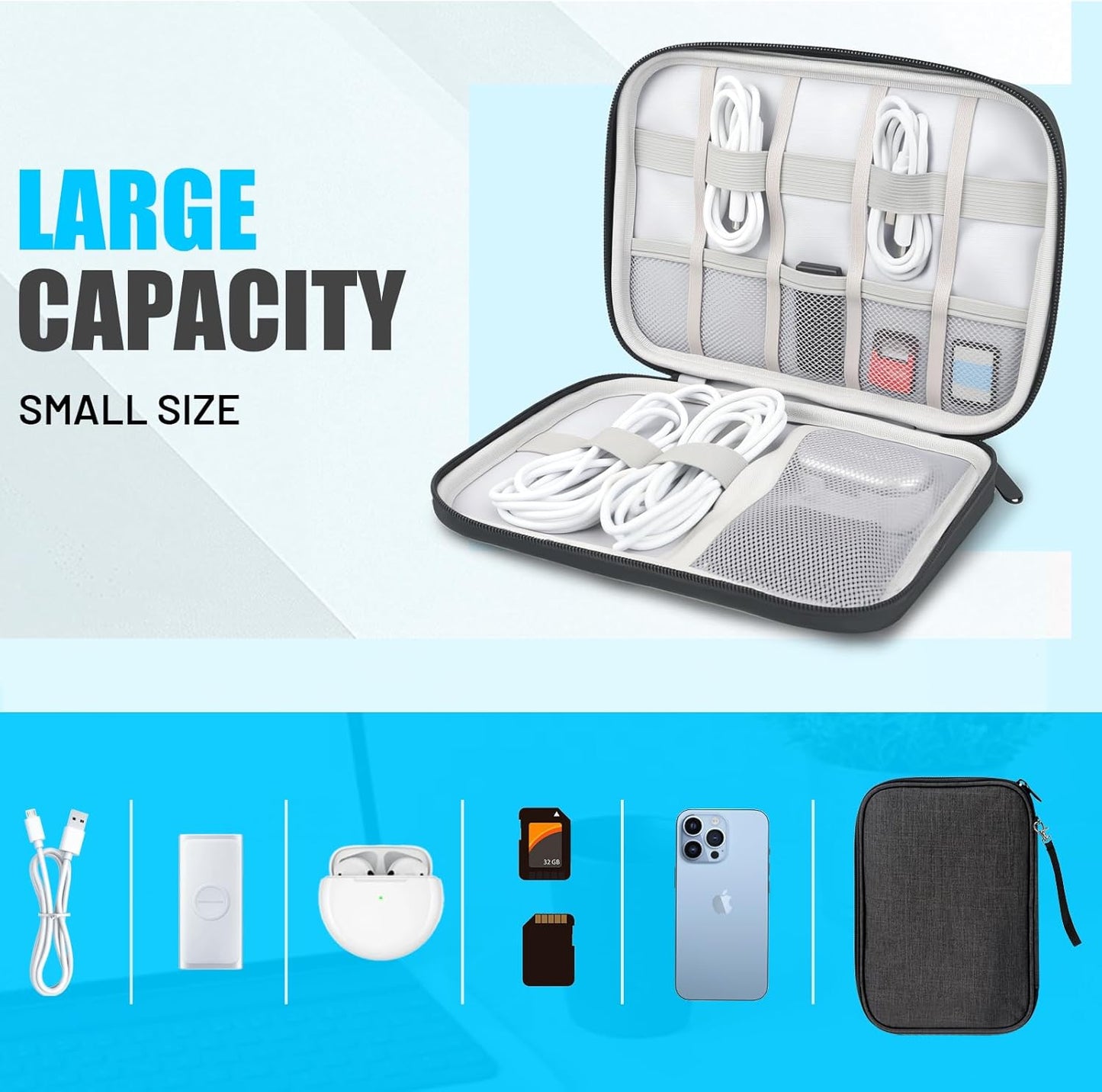 Travel Cable Organizer Bag, Electronics Organizer Tech Pouch with Double Layers for Cords, Chargers, Phone, Earphones, USBs, SD Cards - Travel Essentials Portable Waterproof Tech Pouch