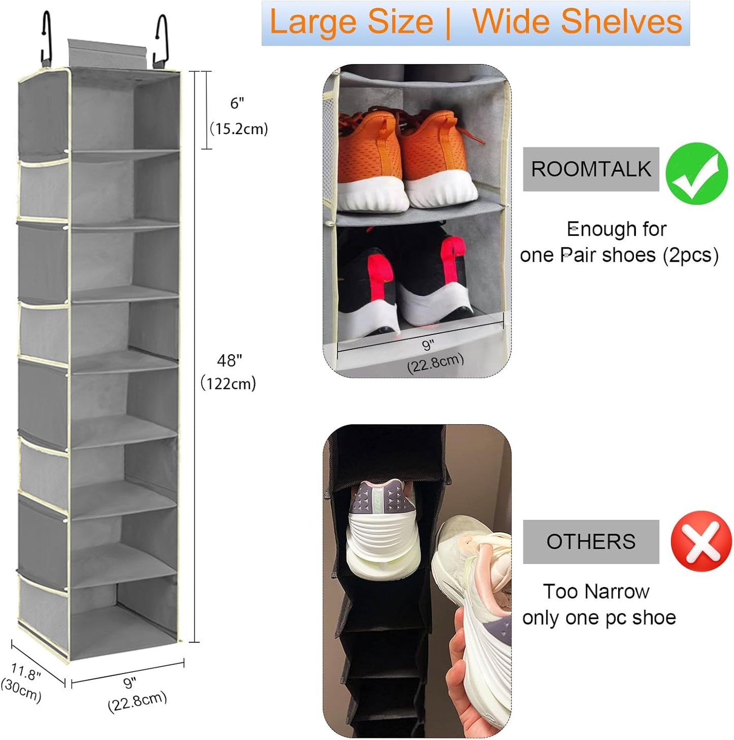 Large-Sized Hanging Shoe Organizer 8-Shelf, Hanging Closet Organizer with 8 Side Pockets, Wider Hanging Shelves for Storage Shoes Clothes 9" W × 11.8" D× 48" H, Grey