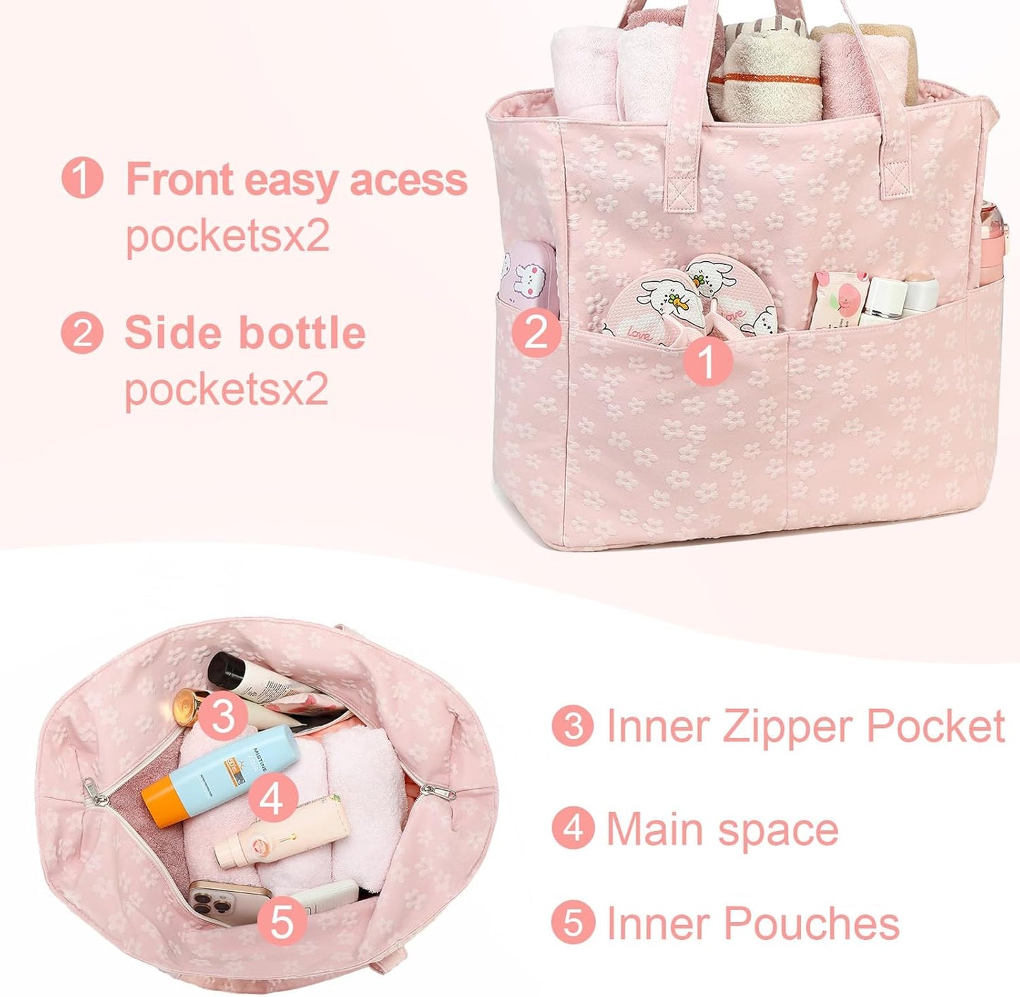 LEDAOU Large Beach Tote Bag Women Waterproof Sandproof Zipper Beach Tote Bag for Pool Gym Grocery Travel with Wet Pocket