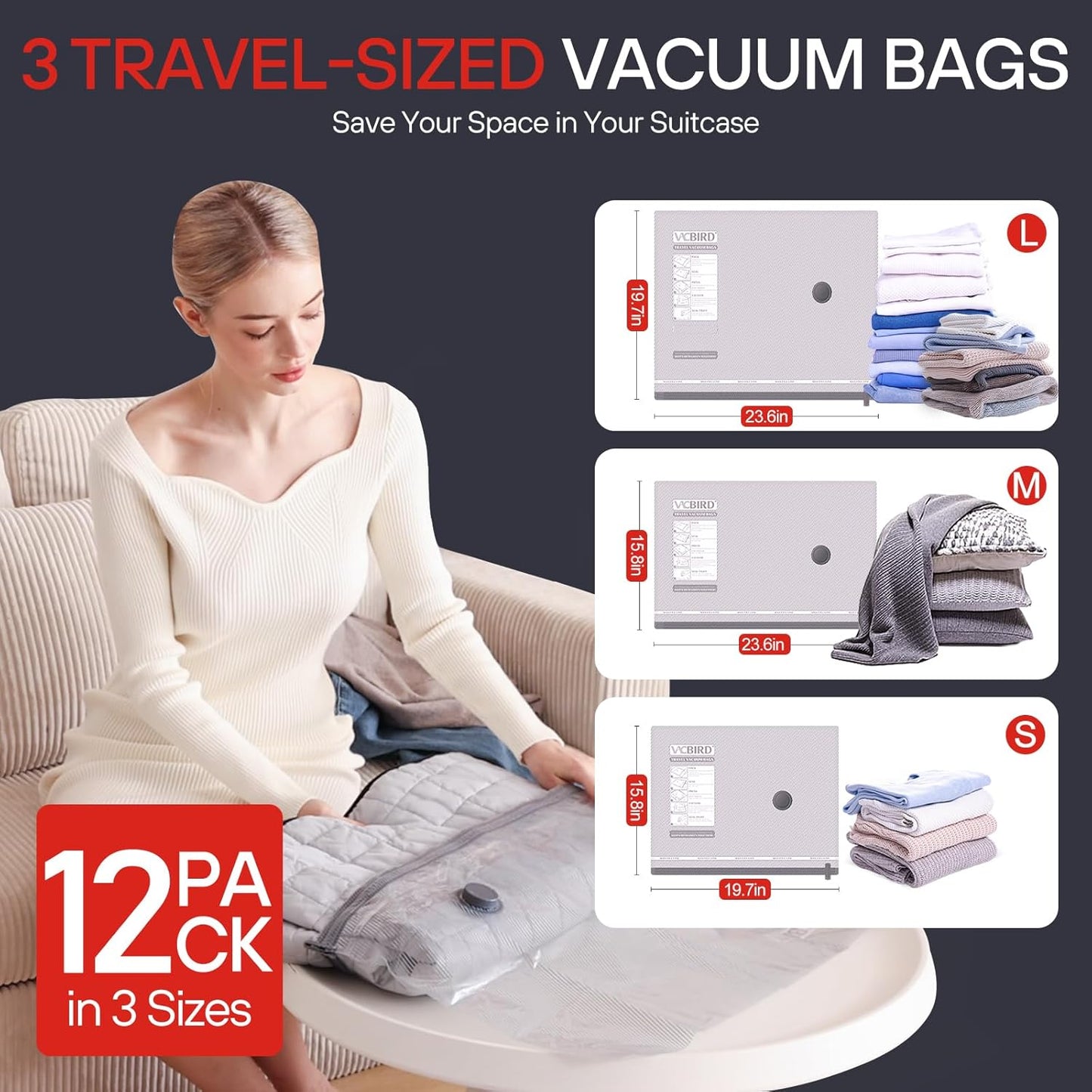 VMstr 12 Pack Vacuum Storage Bags for Travel, Carry-on Size for Luggage Compression Packing, Space Saver with High Pressure Electric Pump(D/C Power)