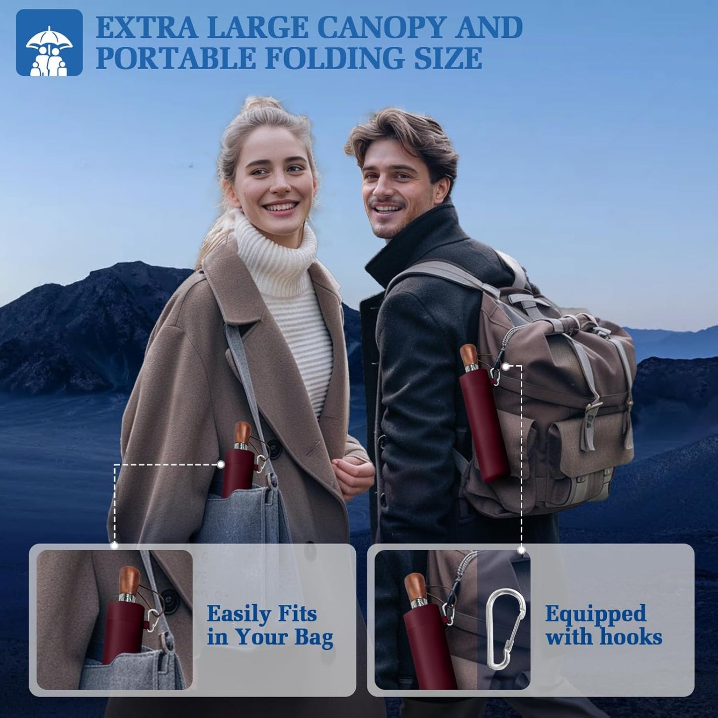 3T Wind Armor Travel Umbrella Compact Easy Auto Open Close Folding Umbrellas for Rain Windproof Umbrella for Women and Men Durable Real Wood Handle Portable Fits Backpack Car