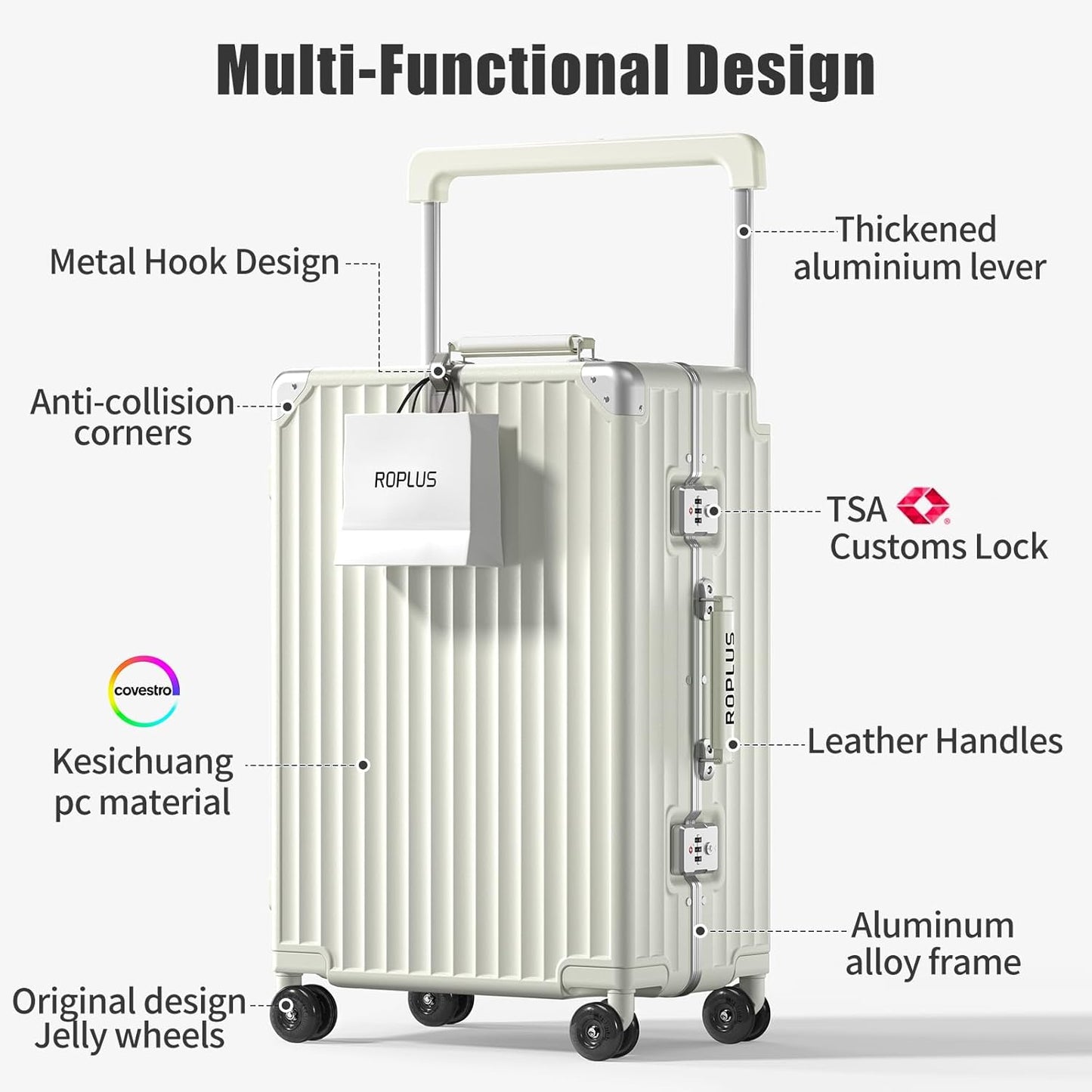 Aluminium Frame Carry on Luggage with Smooth Jelly Wheels, Hardside Zipperless Rolling Suitcase with TSA Lock (Pure White, 21-Inch)
