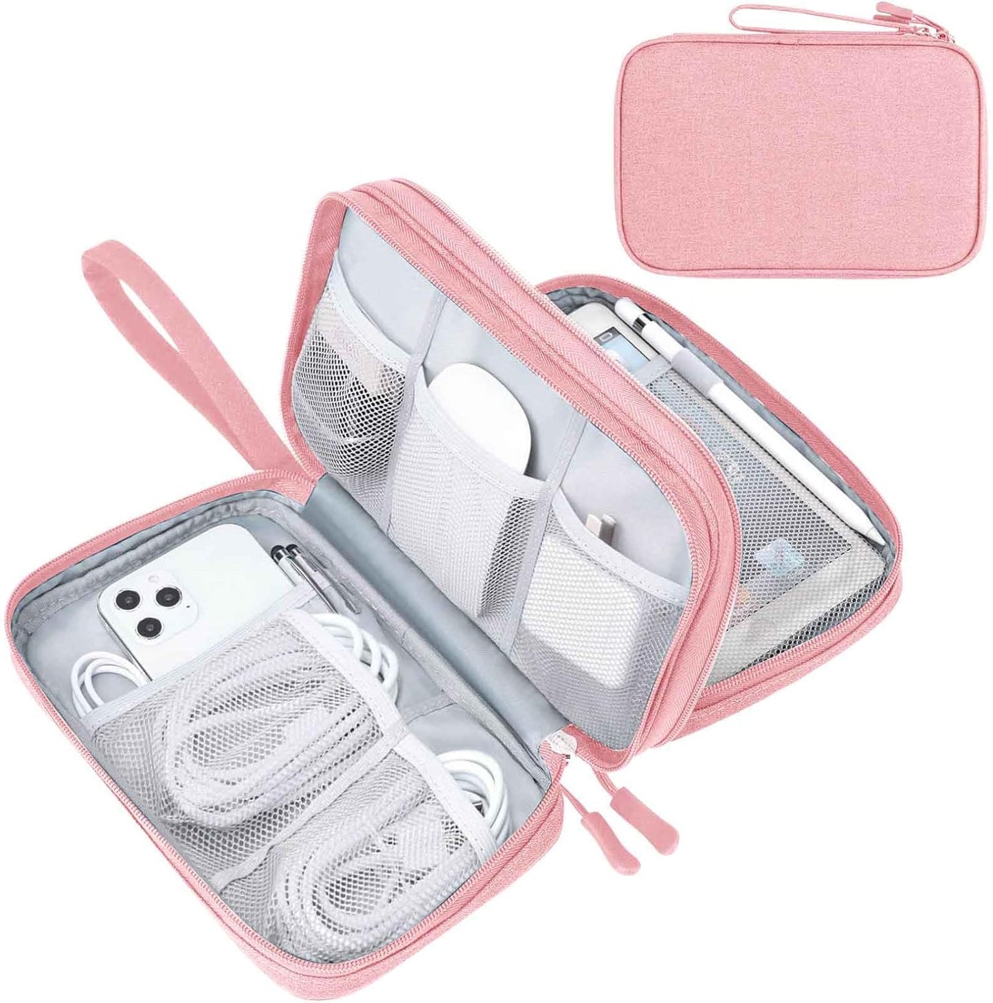 FYY Electronic Organizer, Large Travel Cable Organizer Bag Pouch Electronic Accessories Carry Case Portable Waterproof Double Layers All-in-One Storage Bag for Cable, Cord, Charger, Phone, Pink