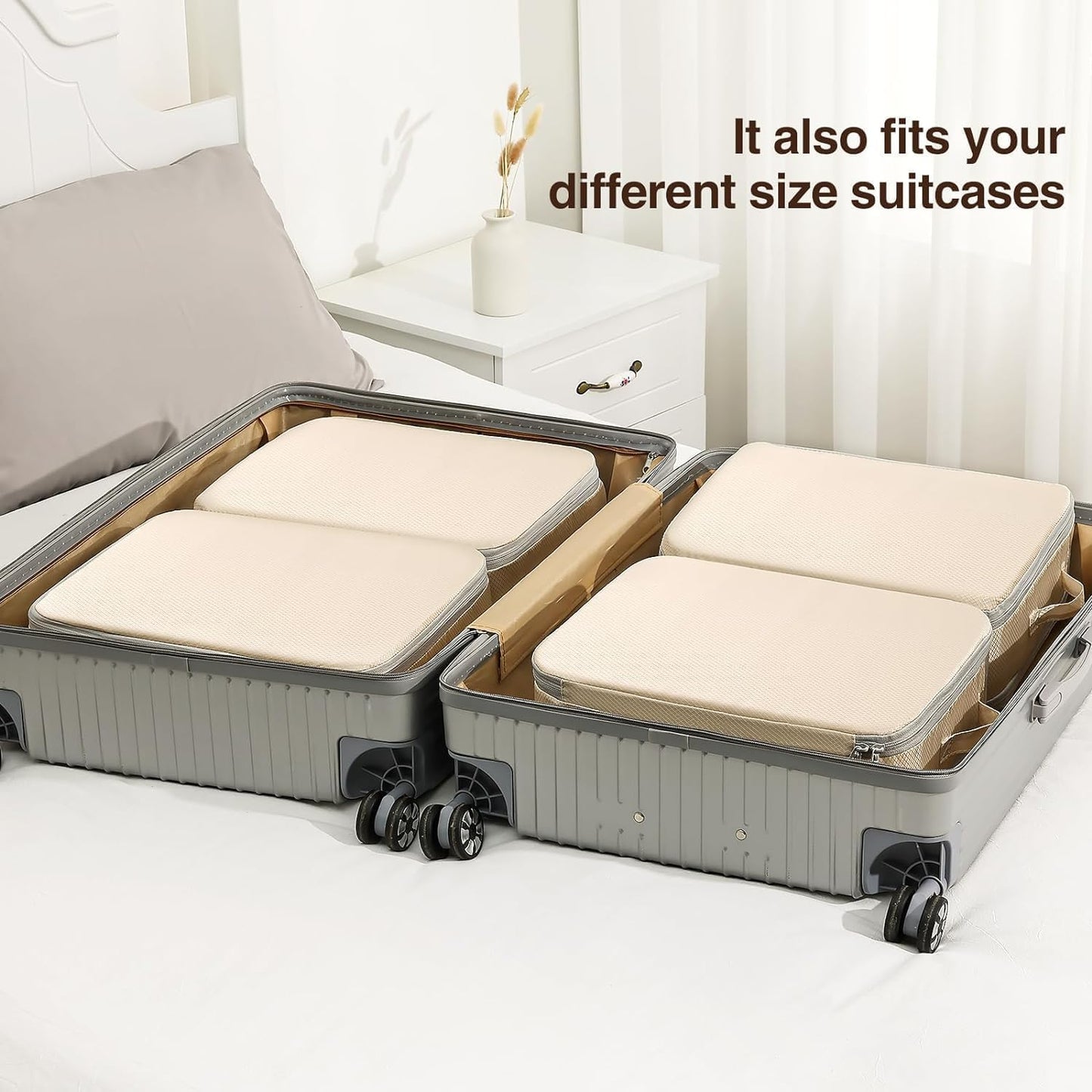 DIMJ Clothes Storage Bag 4 Pack, 19L Small Storage Bags for Sweater, Closet, Sheet Storage Organizer with Window, Compression Organizer Space Saver Storage Bags with Zipper, Beige