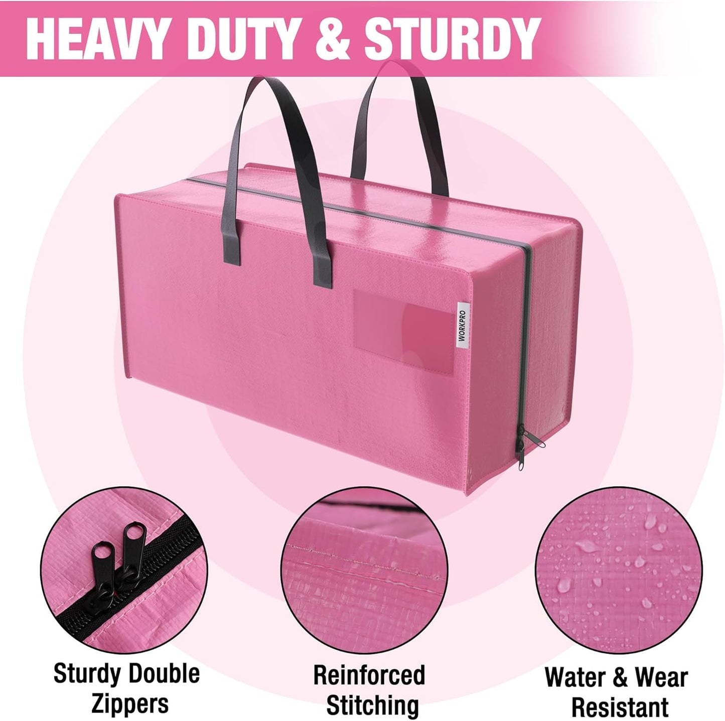 WORKPRO 6 Pack Extra Large Moving Bags with Zippers & Carrying Handles Backpack Straps, Heavy-Duty Storage Tote for Space Saving Moving Storage (Pink)