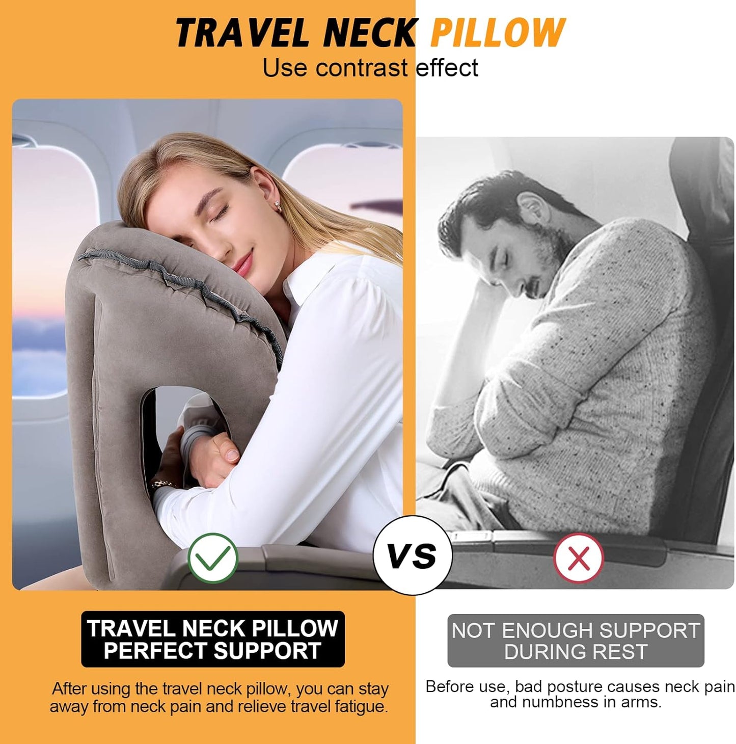 Inflatable Travel Pillow,Multifunction Travel Neck Pillow for Airplane to Avoid Neck and Shoulder Pain,Support Head,Neck,Used for Sleeping Rest, Airplane and Home Use,with Eye Mask, Earplugs,Gray
