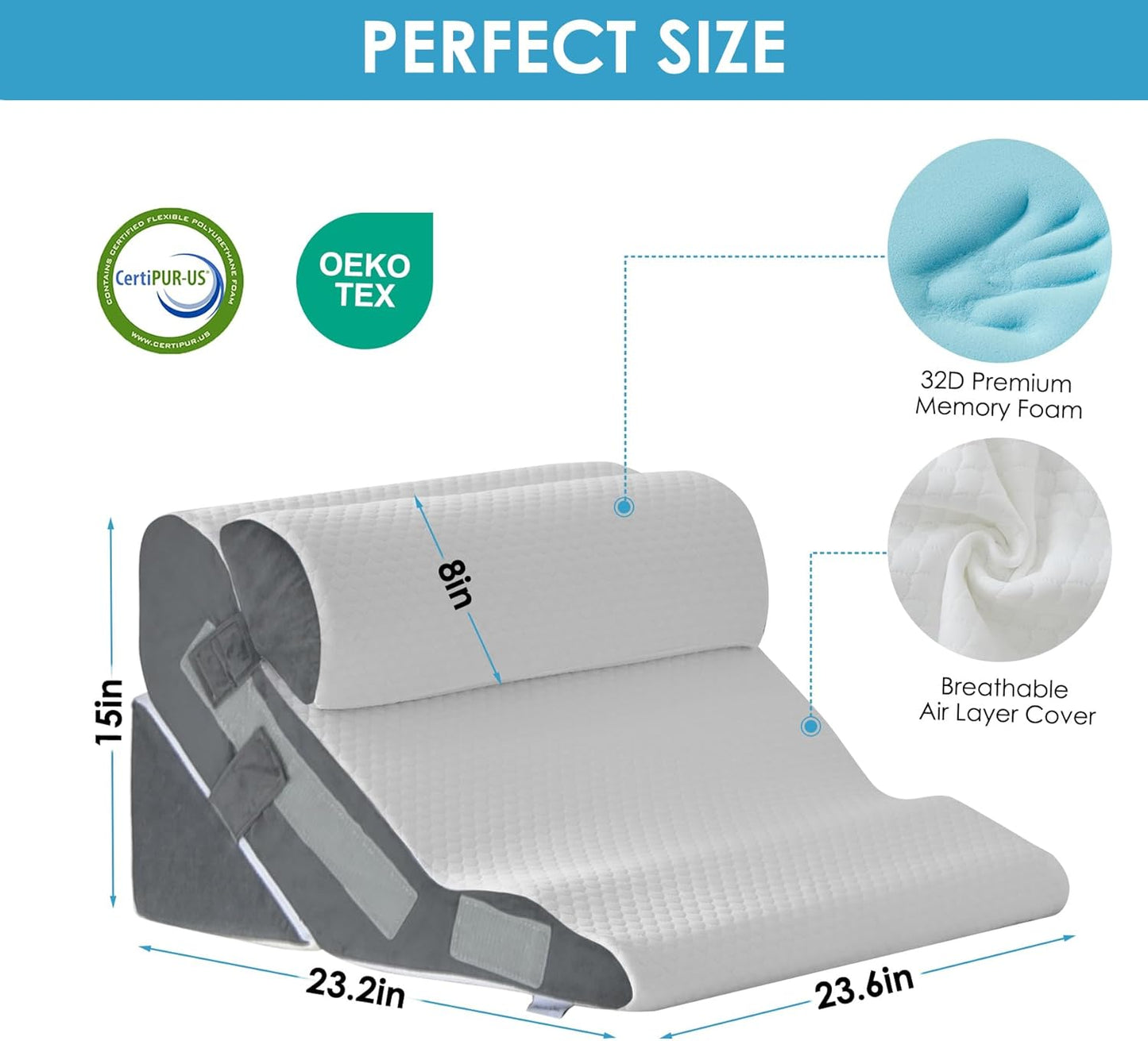 3PCS Bed Wedge Pillow for Headboard, Adjustable Wedge Pillow for Sleep Apnea, 23” Wide Triangle Pillow Wedge Set for After Surgery, Acid Reflux Relief, Snoring, Neck&Back Support, White/Grey