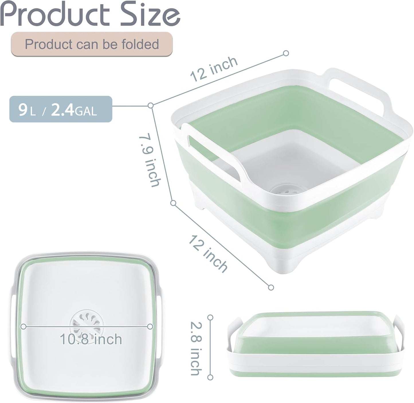 2.4 Gal(9L) Collapsible Dish Basin with Drain Plug - Multiuse Foldable Wash Basin for Baby Bottles, Space-Saving Multiuse Dish Tub, Kitchen Sink for Camping, Dishes Washing, RV (Green)
