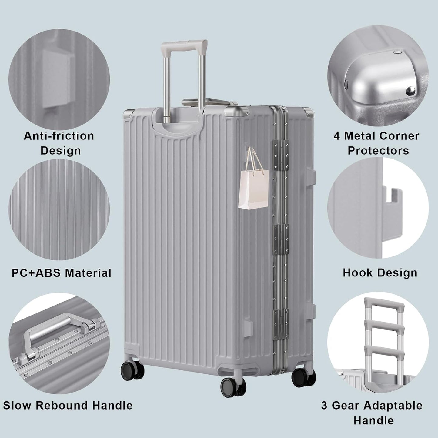 AnyZip Luggage PC+ABS Aluminum Frame Zipperless Checked Luggage Hard Shell Suitcase with TSA Lock Double Spinner Wheels 28 Inch Silver