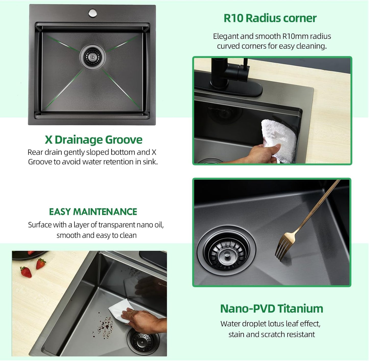 21 x 20 x 10 Drop-in Kitchen Sink - 16 Gauge Gunmetal Black Stainless Steel Workstation Single Bowl With Cutting Board