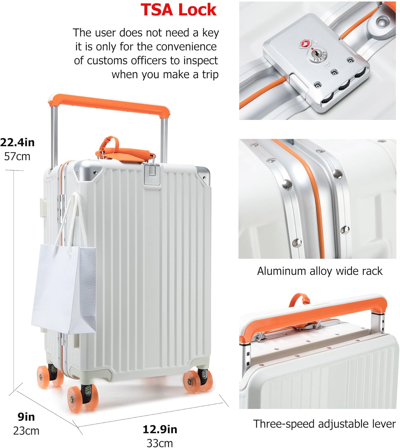 feilario 20" Aluminum Frame Wide Handle Hard Shell Carry On Suitcase - Vivid Colors Double Spinner Wheels Airline Approved Rolling Luggage with TSA Lock & Cup Holder (White, 20in)