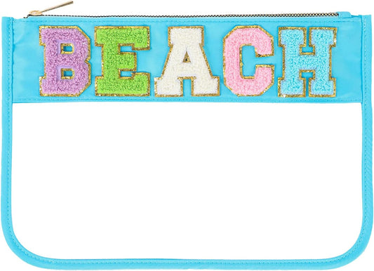 DYSHAYEN Chenille Letter Clear Zipper Pouch for Travel,Nylon Clear Cosmetic Bag,Makeup Travel Bag for Women Girls 11.8 Inches x 8.2 Inches