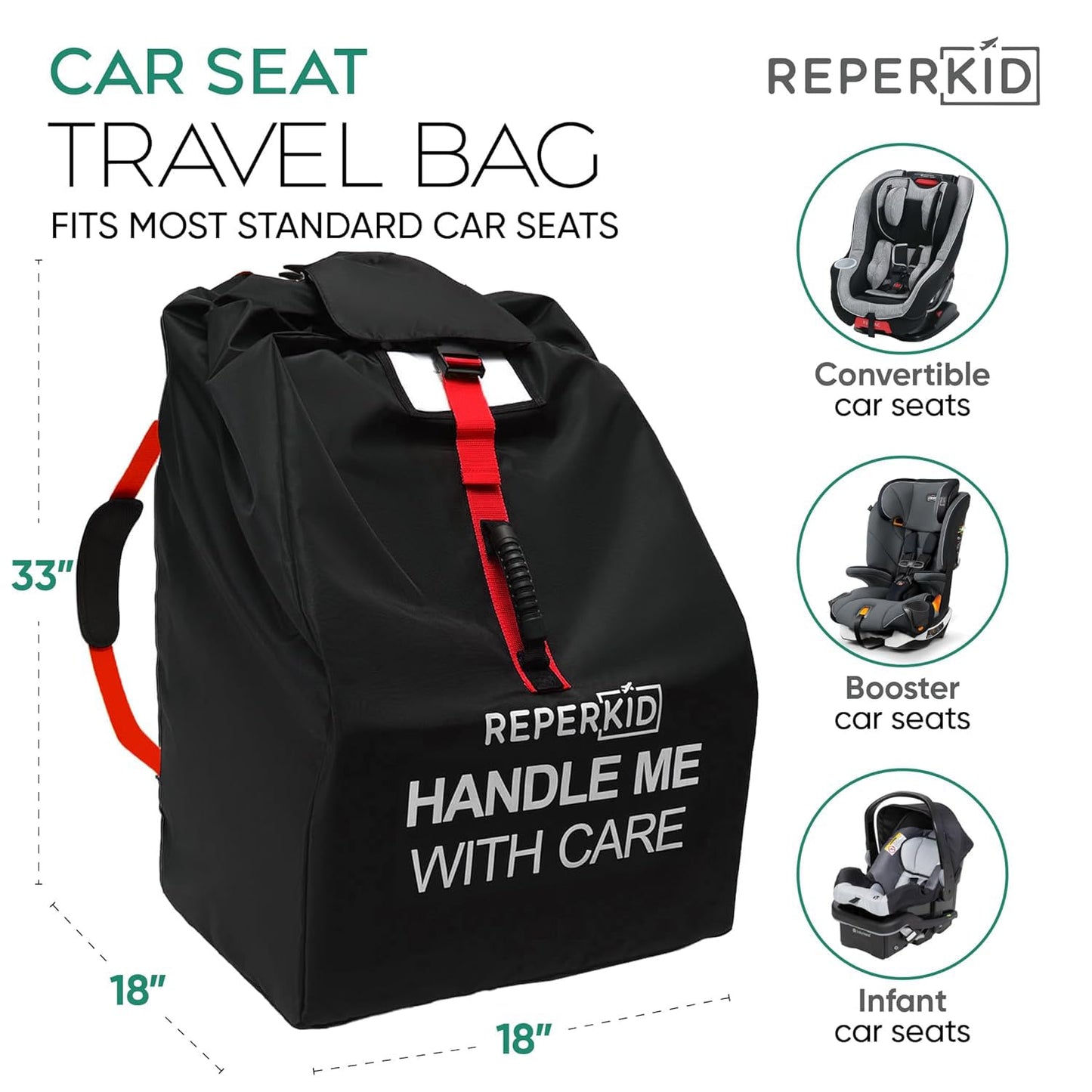 reperkid Car Seat Travel Bag for Airplane, Black and Green, 33" H x 18" W x 18" D, Fits Most Convertible, Booster and Infant Car Seats – Premium Waterproof Cover, Adjustable Shoulder Strap