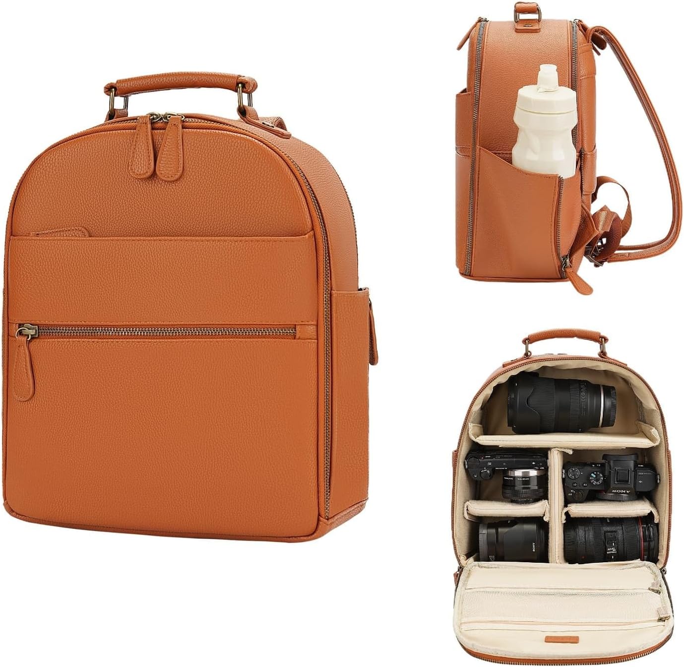 Small Camera Backpack, Classic PU Leather with 11 Inch Pad/Tablet Compartment, Professional Camera Bag for Photographers for DSLR, 10L Brown