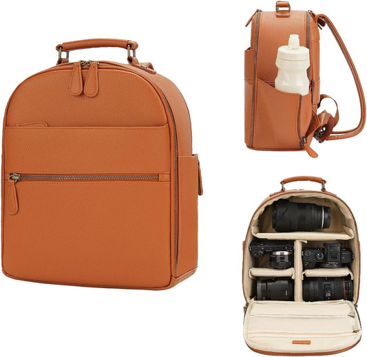 Small Camera Backpack, Classic PU Leather with 11 Inch Pad/Tablet Compartment, Professional Camera Bag for Photographers for DSLR, 10L Brown